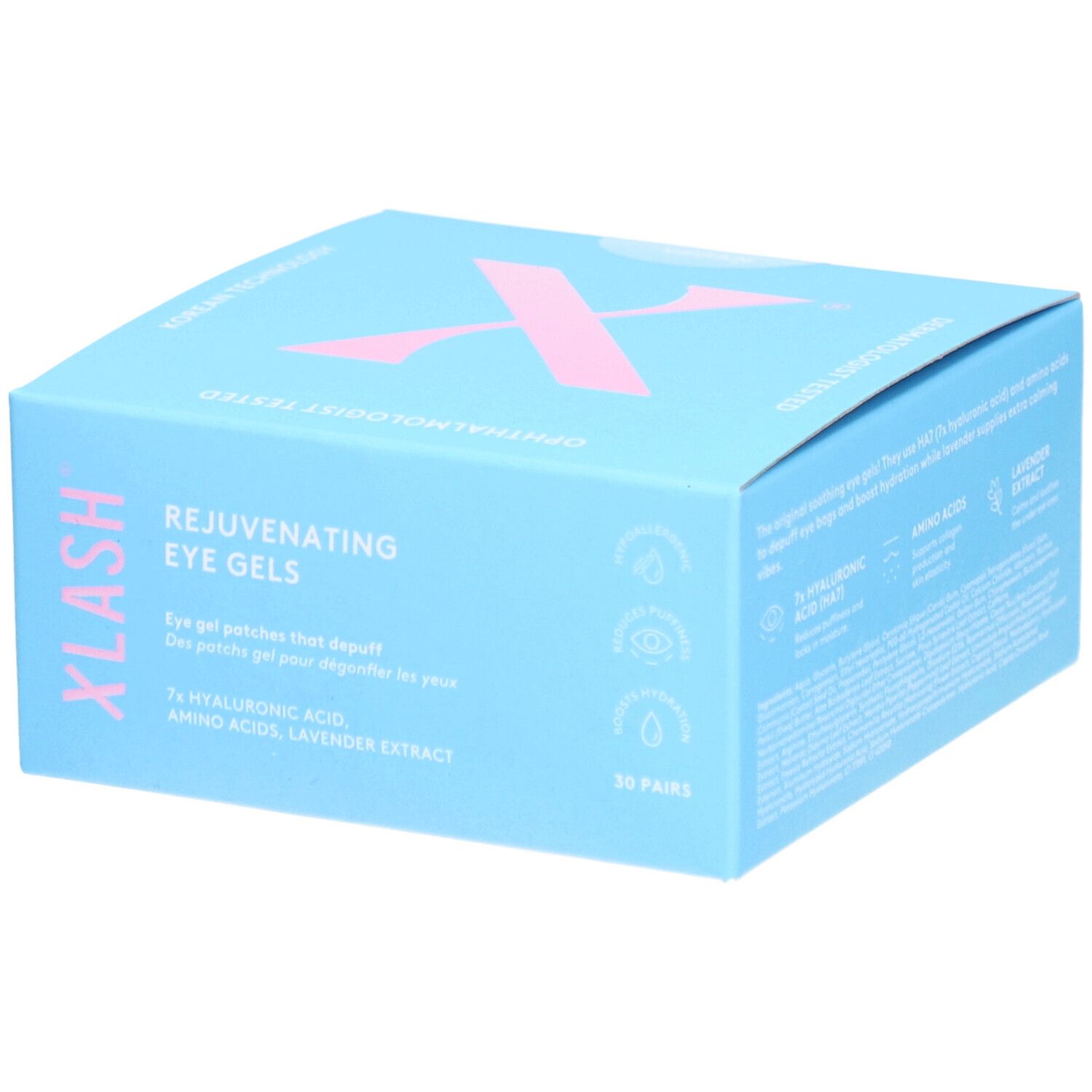 Hellblaue Schachtel mit rosa X-Logo. Text: Xlash, Rejuvenating Eye Gels, 30 Paare. Enthält Hyaluronsäure, Aminosäuren, Lavendelextrakt.