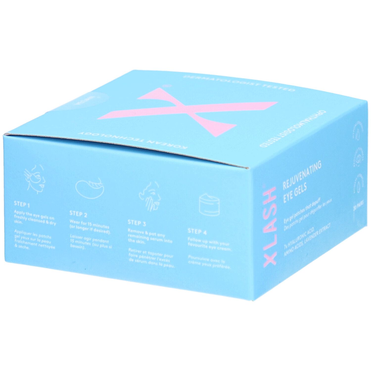 Hellblaue Schachtel mit rosa X-Logo. Aufdruck: Anwendungsschritte. Text: Rejuvenating Eye Gels. Produktverpackung mit Anwendungsbeispielen.