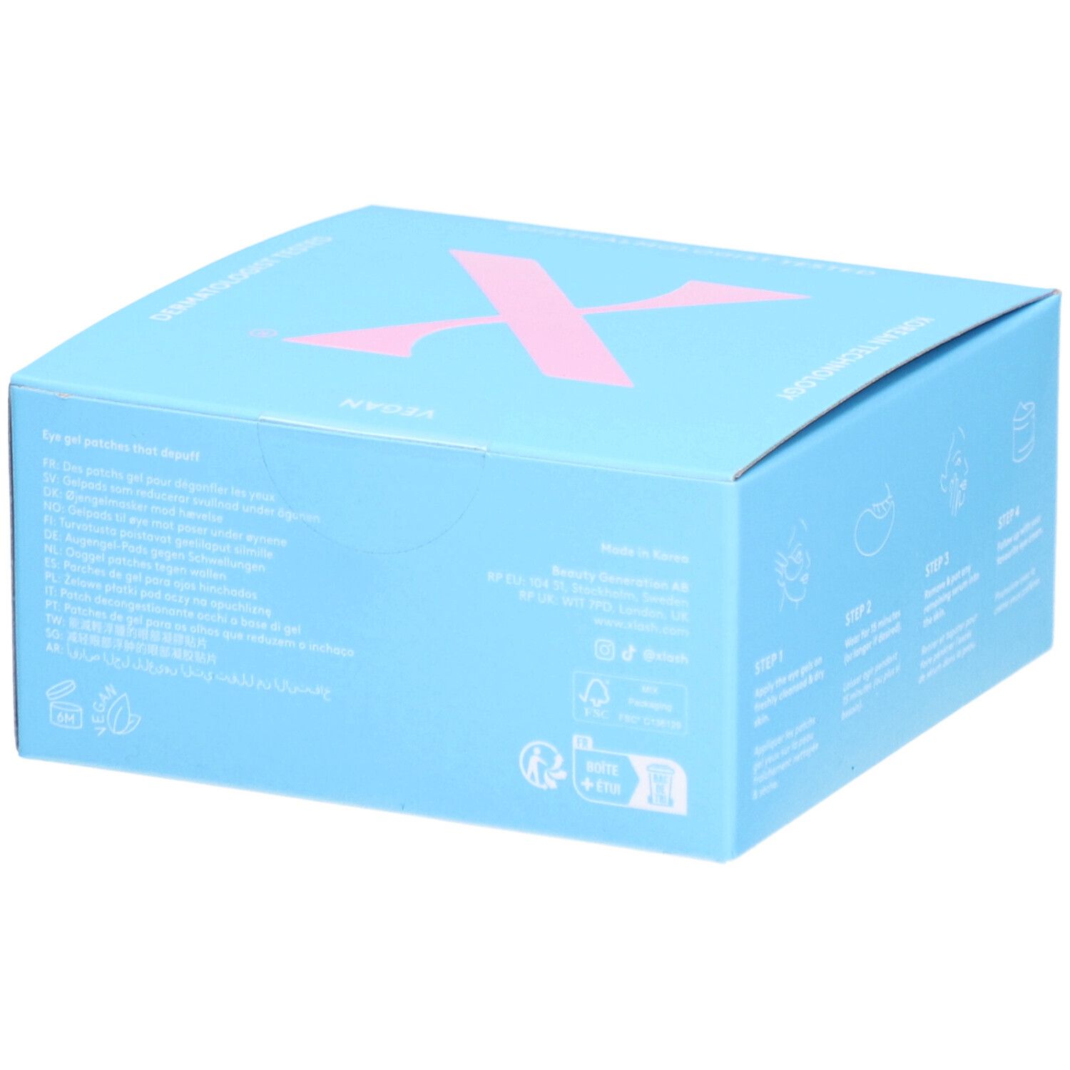 Hellblaue Schachtel mit rosa X-Logo. Text: Rejuvenating Eye Gels. Aufdruck: Inhaltsstoffe, Herstellerinformationen, Recycling-Symbole.