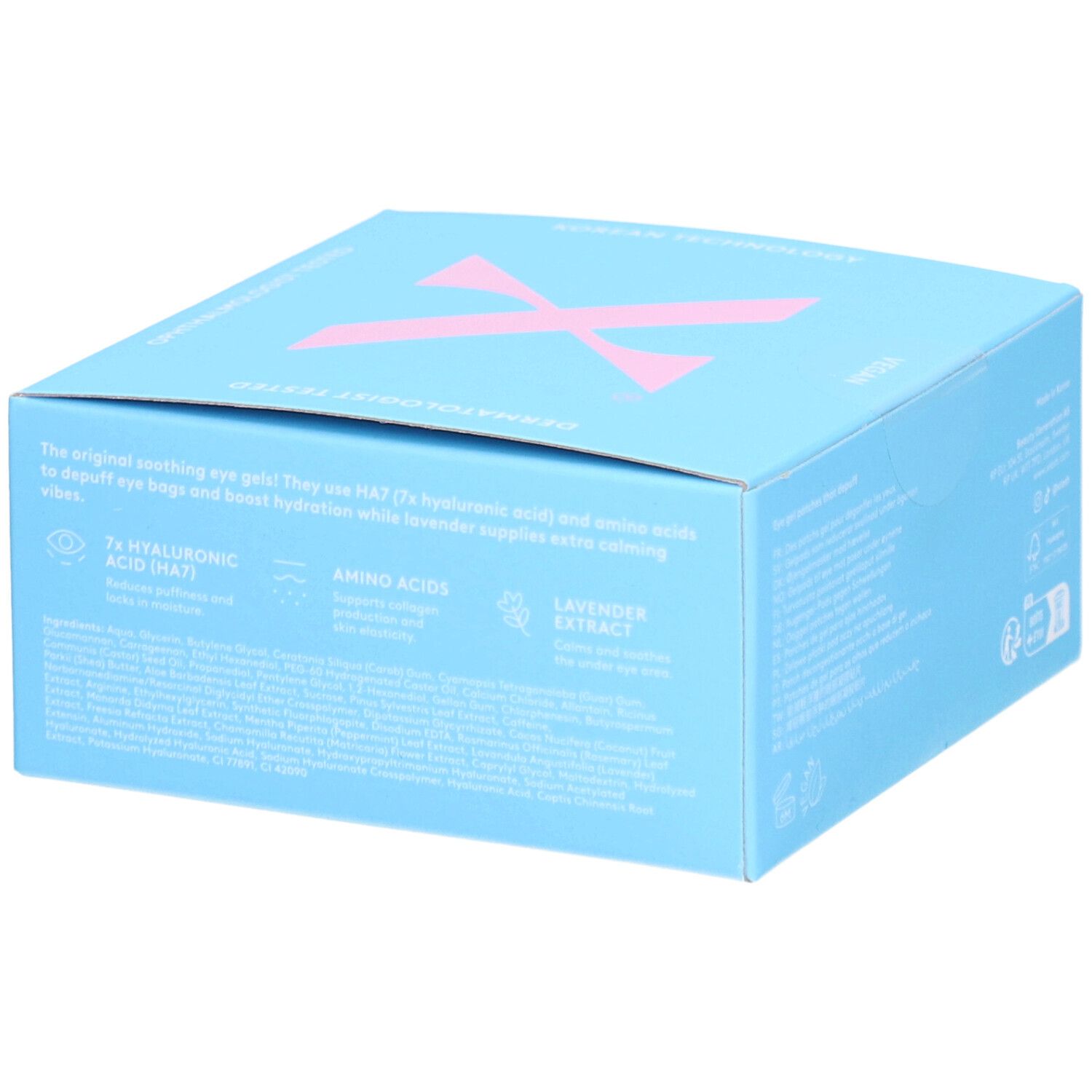 Hellblaue Schachtel mit rosa X-Logo. Text: Rejuvenating Eye Gels. Enthält Hyaluronsäure, Aminosäuren, Lavendelextrakt. Produktbeschreibung.