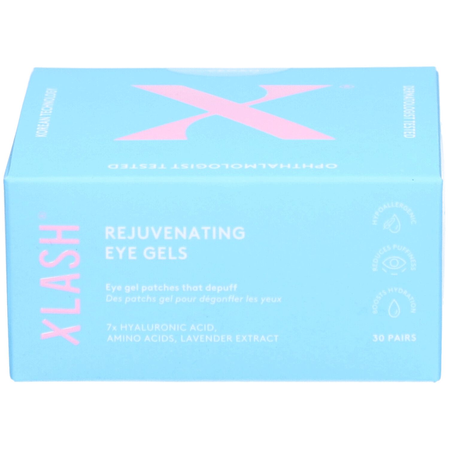 Hellblaue Schachtel mit rosa X-Logo. Text: Xlash, Rejuvenating Eye Gels, 30 Paare. Enthält Hyaluronsäure, Aminosäuren, Lavendelextrakt.