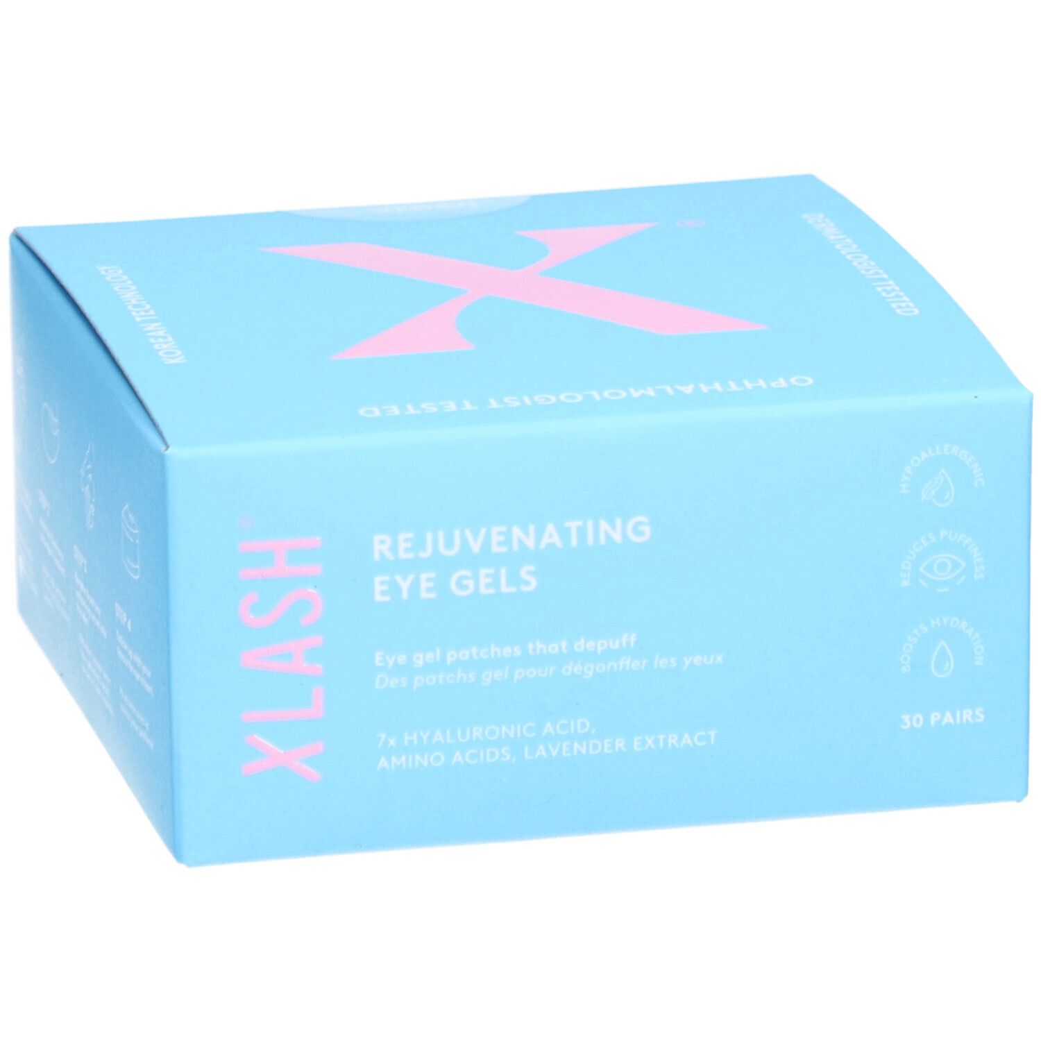 Hellblaue Schachtel mit rosa X-Logo. Text: Xlash, Rejuvenating Eye Gels, 30 Paare. Produktverpackung, schräge Ansicht.