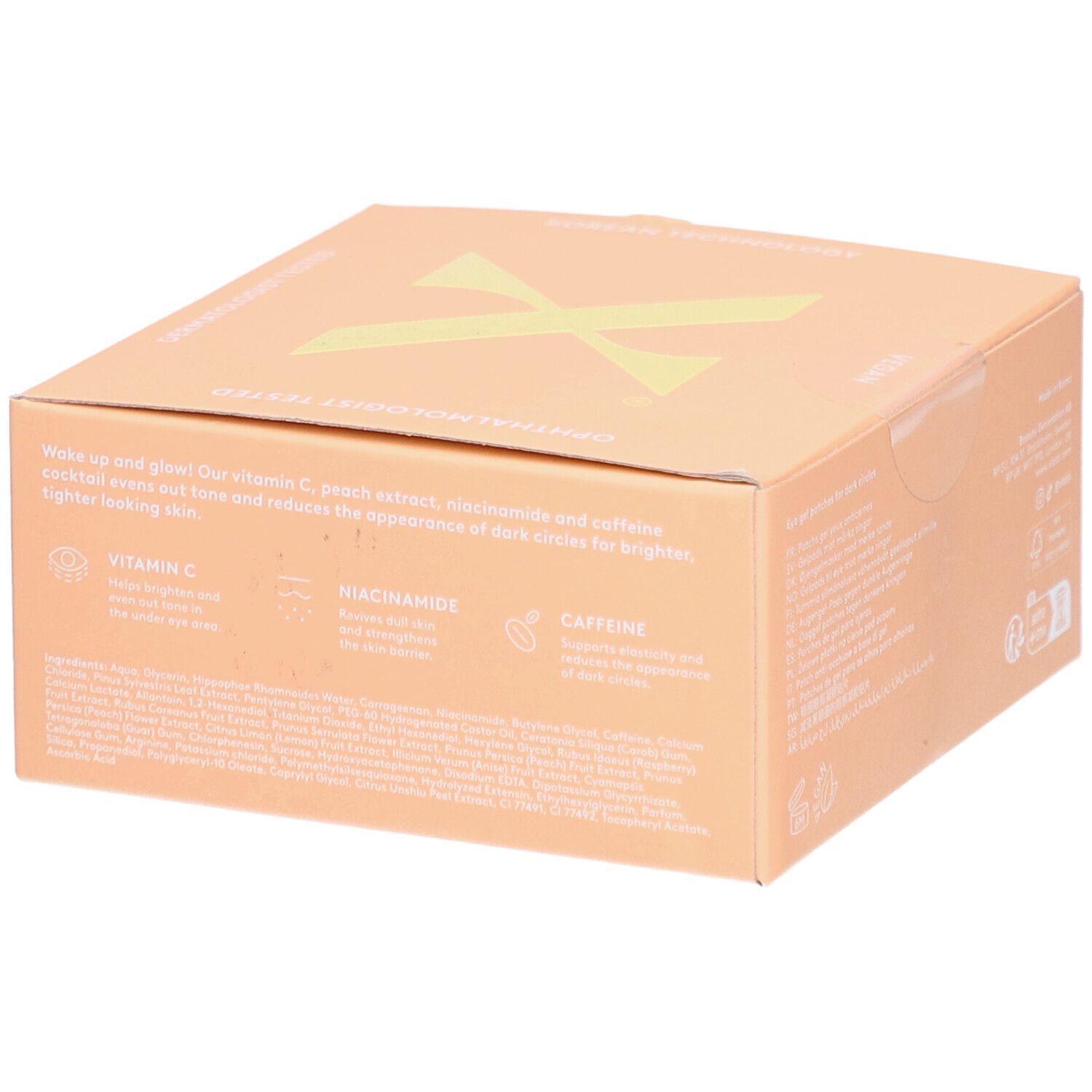 Beige kartonnen doos. Tekst op de zijkant met ingrediënten: Vitamine C, Niacinamide, Cafeïne.