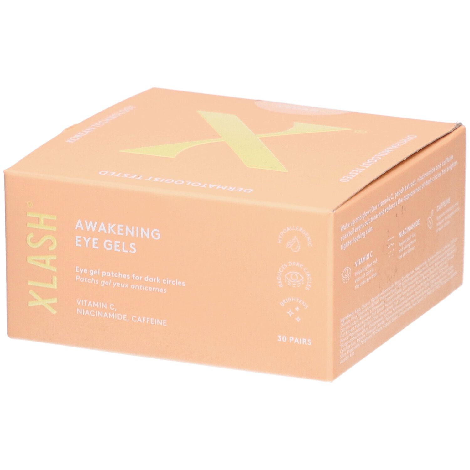 Beige kartonnen doos. Op de voorkant staat "XLASH AWAKENING EYE GELS".