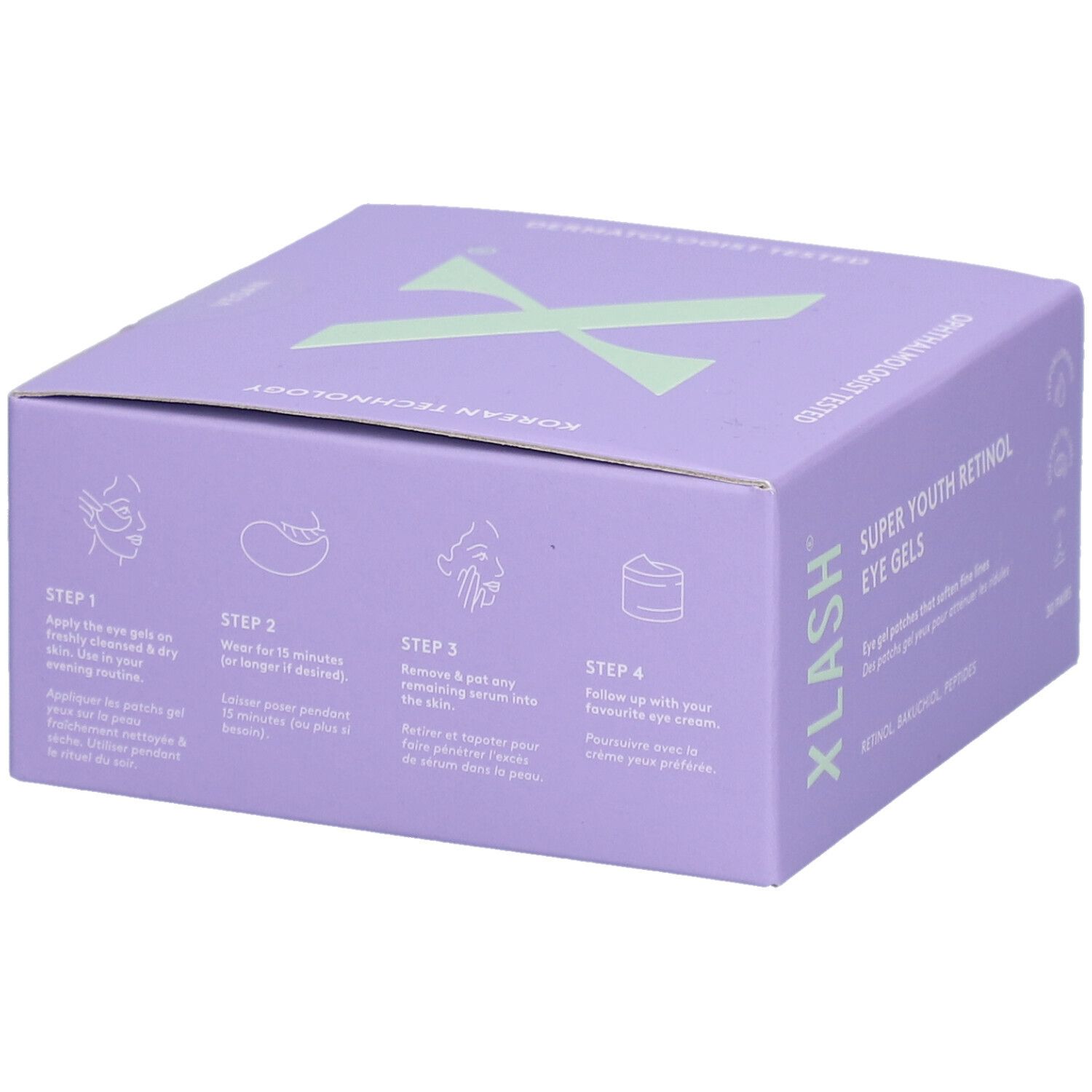 Lila Schachtel mit "XLASH" und "SUPER YOUTH RETINOL EYE GELS". Anweisungen mit 4 Schritten. Koreanische Technologie.