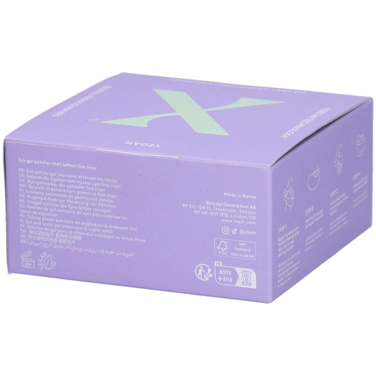 Lila Schachtel mit "XLASH" und "SUPER YOUTH RETINOL EYE GELS". Vegan. Informationen zu Inhaltsstoffen und Hersteller.