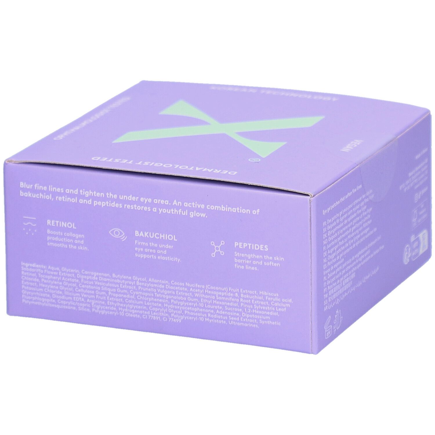 Lila Schachtel mit "XLASH" und "SUPER YOUTH RETINOL EYE GELS". Dermatologisch getestet. Inhaltsstoffe: Retinol, Bakuchiol, Peptide.