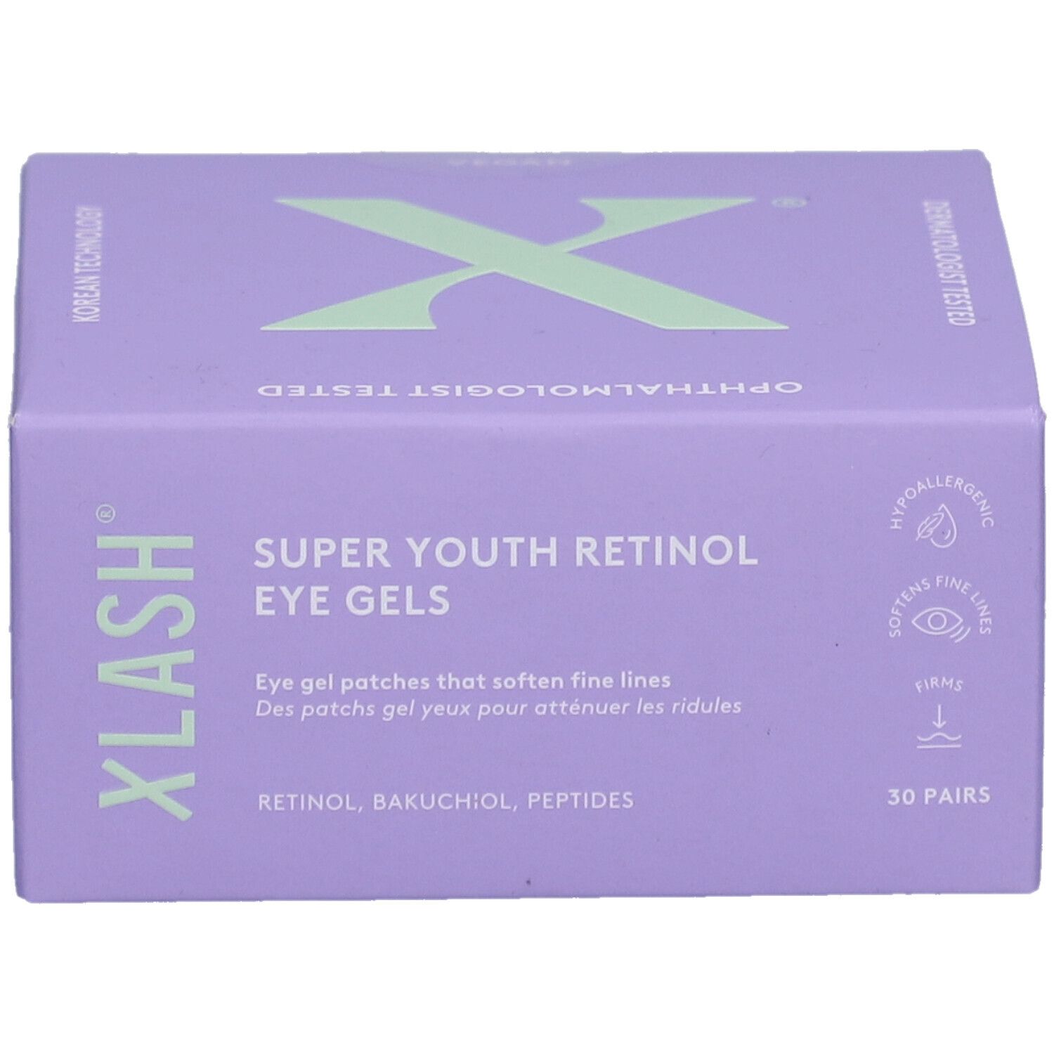 Lila Schachtel mit "XLASH" und "SUPER YOUTH RETINOL EYE GELS". Enthält 30 Paar. Ophthalmol. getestet. Hypoallergen.