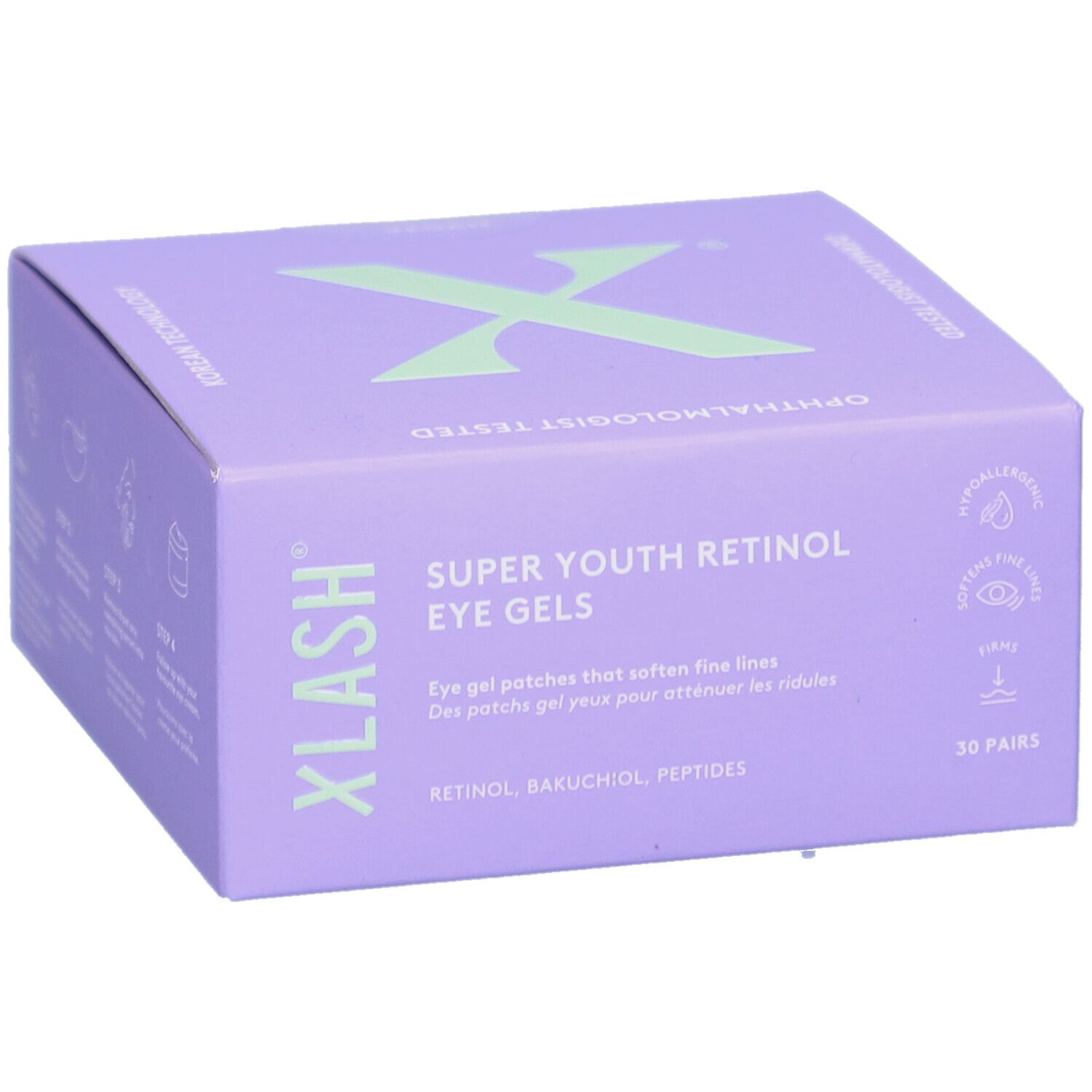 Lila Schachtel mit "XLASH" und "SUPER YOUTH RETINOL EYE GELS". Enthält 30 Paar. Ophthalmol. getestet. Hypoallergen.