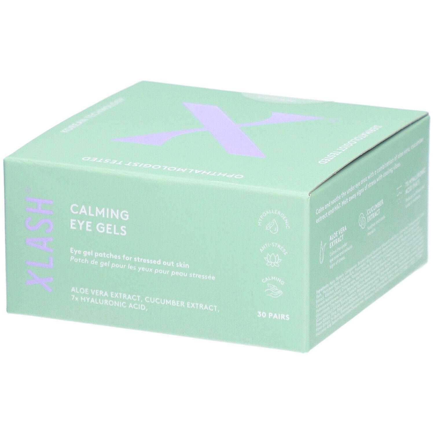 Hellgrüne Schachtel mit lila „X“-Logo. Aufschrift: „Calming Eye Gels“. Enthält 30 Paar. Inhaltsstoffe: Aloe Vera, Gurkenextrakt, Hyaluronsäure.