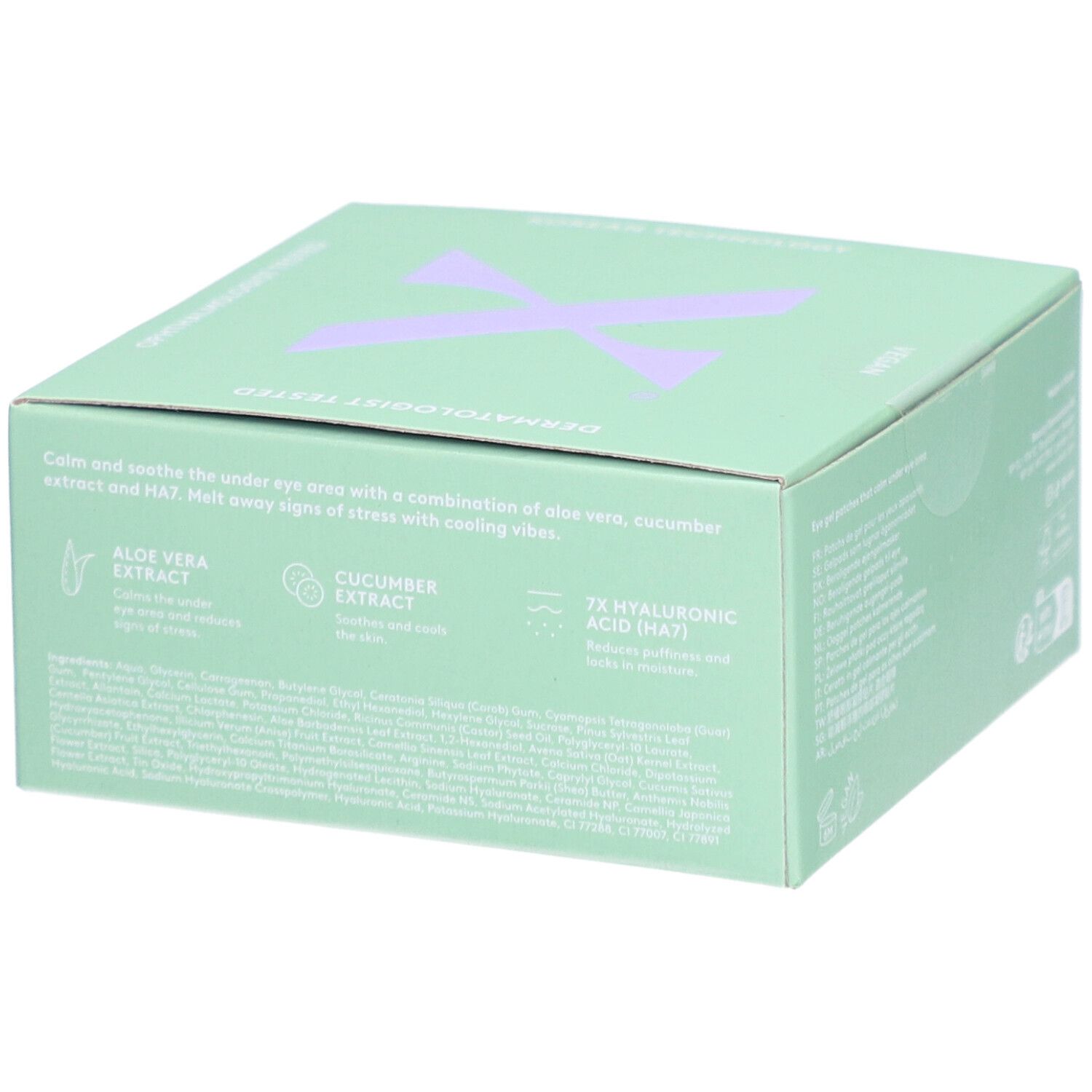 Hellgrüne Schachtel mit lila „X“-Logo. Auf der Seite Text über die Inhaltsstoffe: Aloe Vera, Gurkenextrakt, Hyaluronsäure.