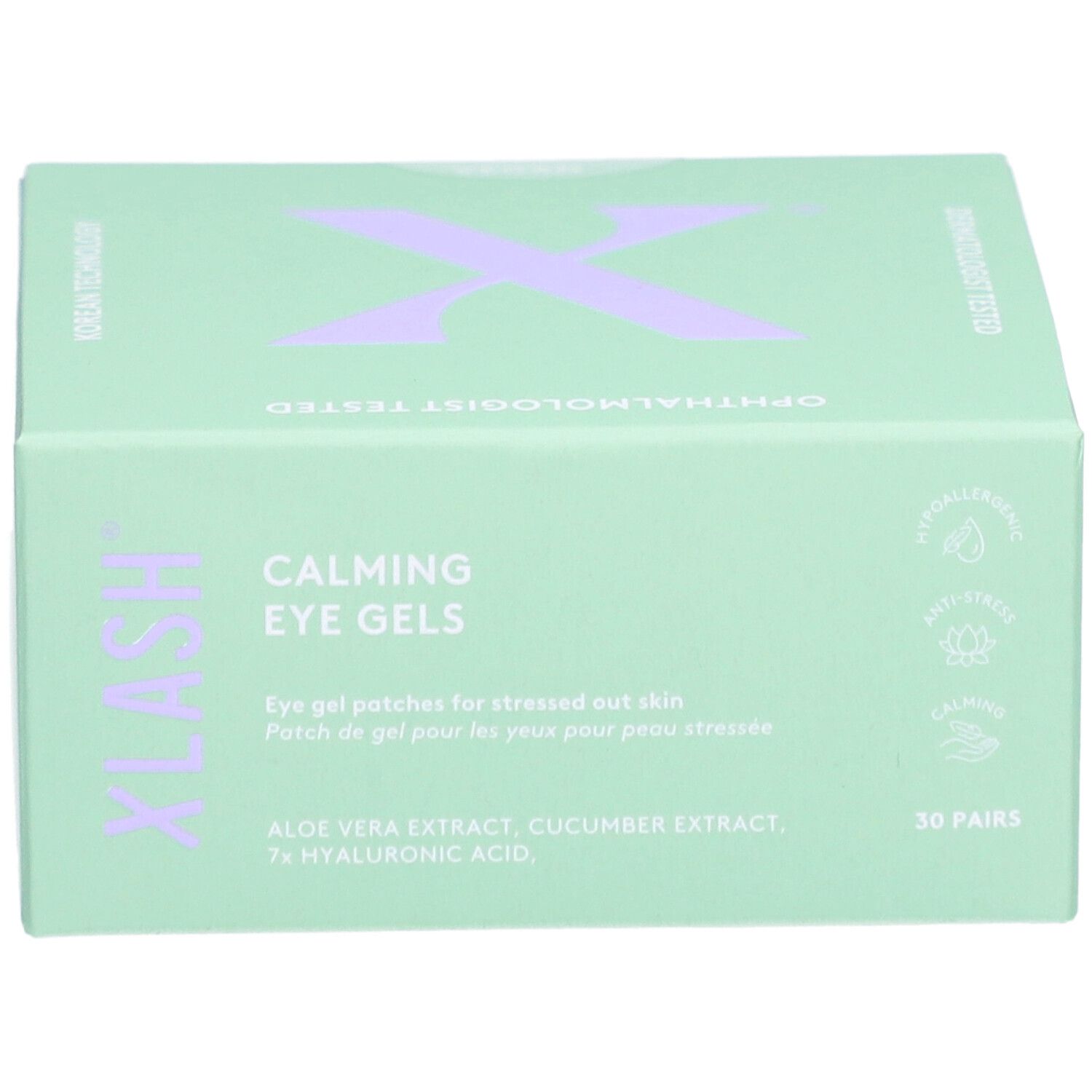 Hellgrüne Schachtel mit lila „X“-Logo. Aufschrift: „Calming Eye Gels“. Enthält 30 Paar. Inhaltsstoffe: Aloe Vera, Gurkenextrakt, Hyaluronsäure.