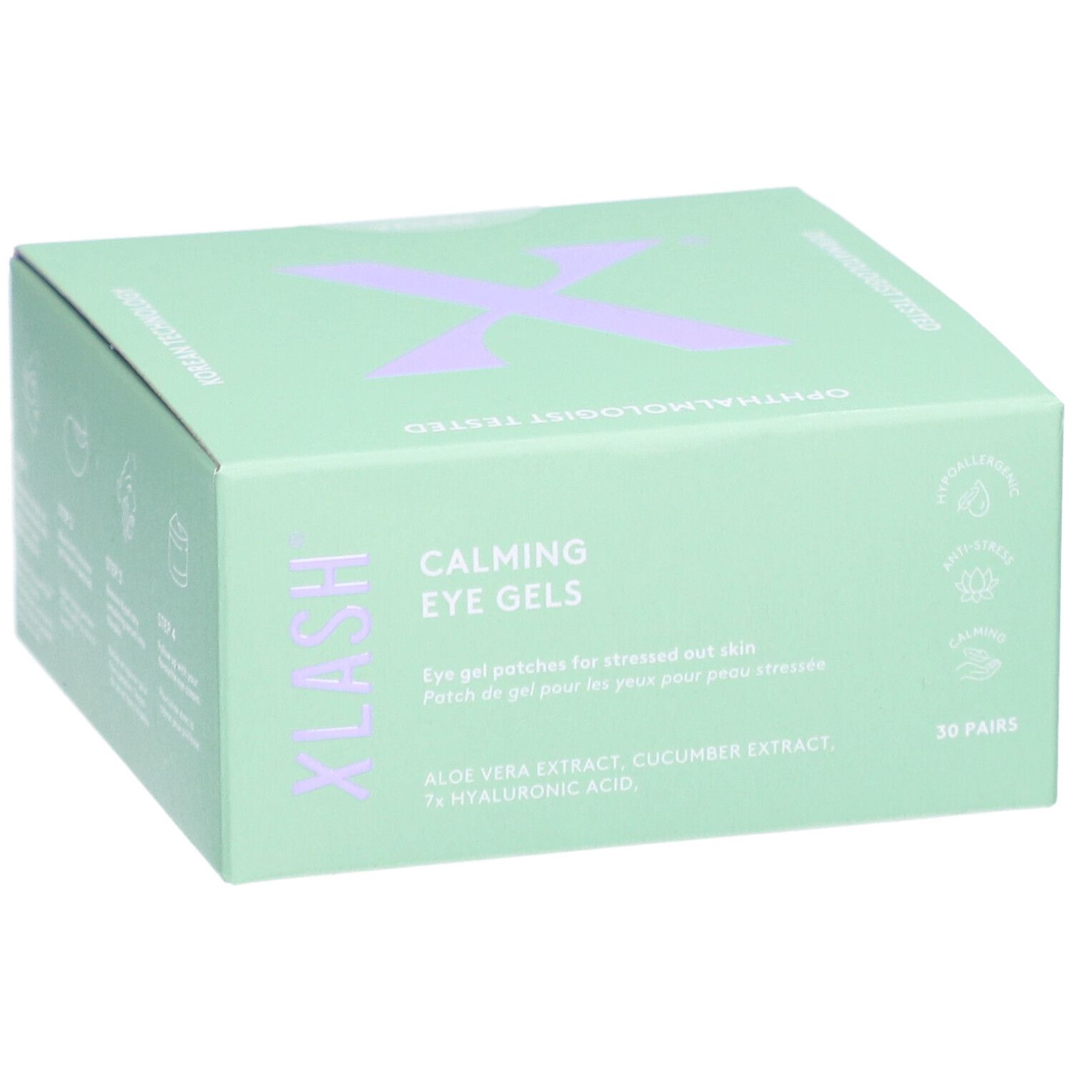 Hellgrüne Schachtel mit lila „X“-Logo. Aufschrift: „Calming Eye Gels“. Enthält 30 Paar. Inhaltsstoffe: Aloe Vera, Gurkenextrakt, Hyaluronsäure.