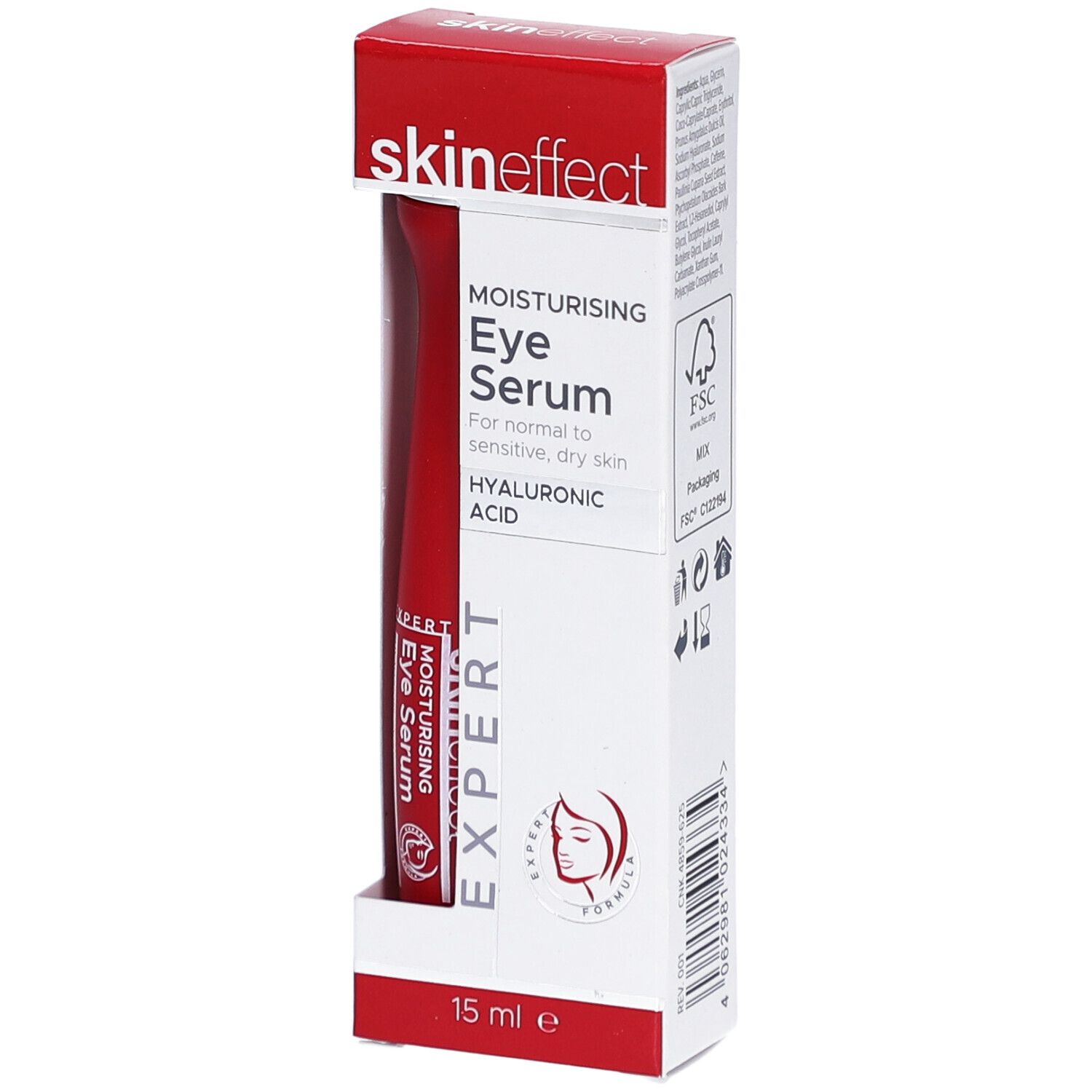 Augenserum in roter Tube und Verpackung. Marke: skineffect. Text: MOISTURISING Eye Serum, HYALURONIC ACID. 15 ml.