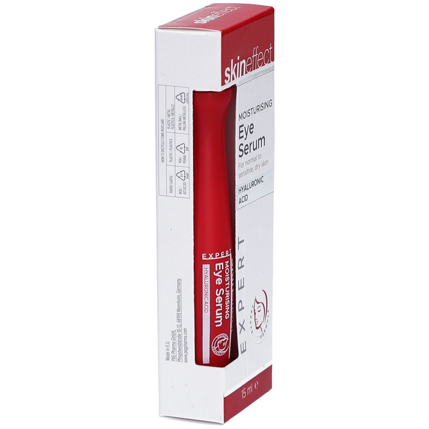 Oogserum in rode tube en verpakking. Merk: skineffect. Tekst: MOISTURISING Eye Serum, HYALURONIC ACID. 15 ml.