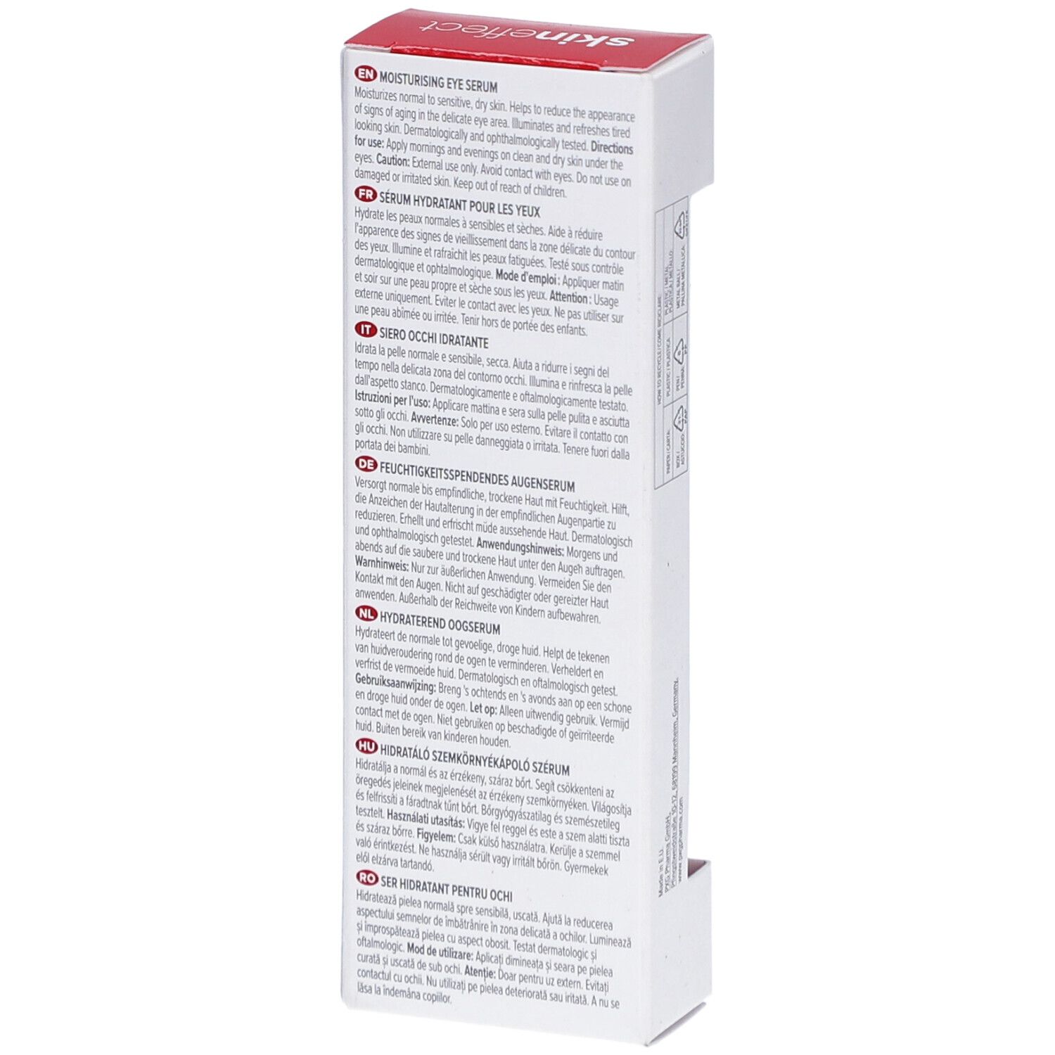 Verpackung mit Text in mehreren Sprachen. Enthält Informationen zu Inhaltsstoffen und Anwendung. FSC-Zertifizierung.