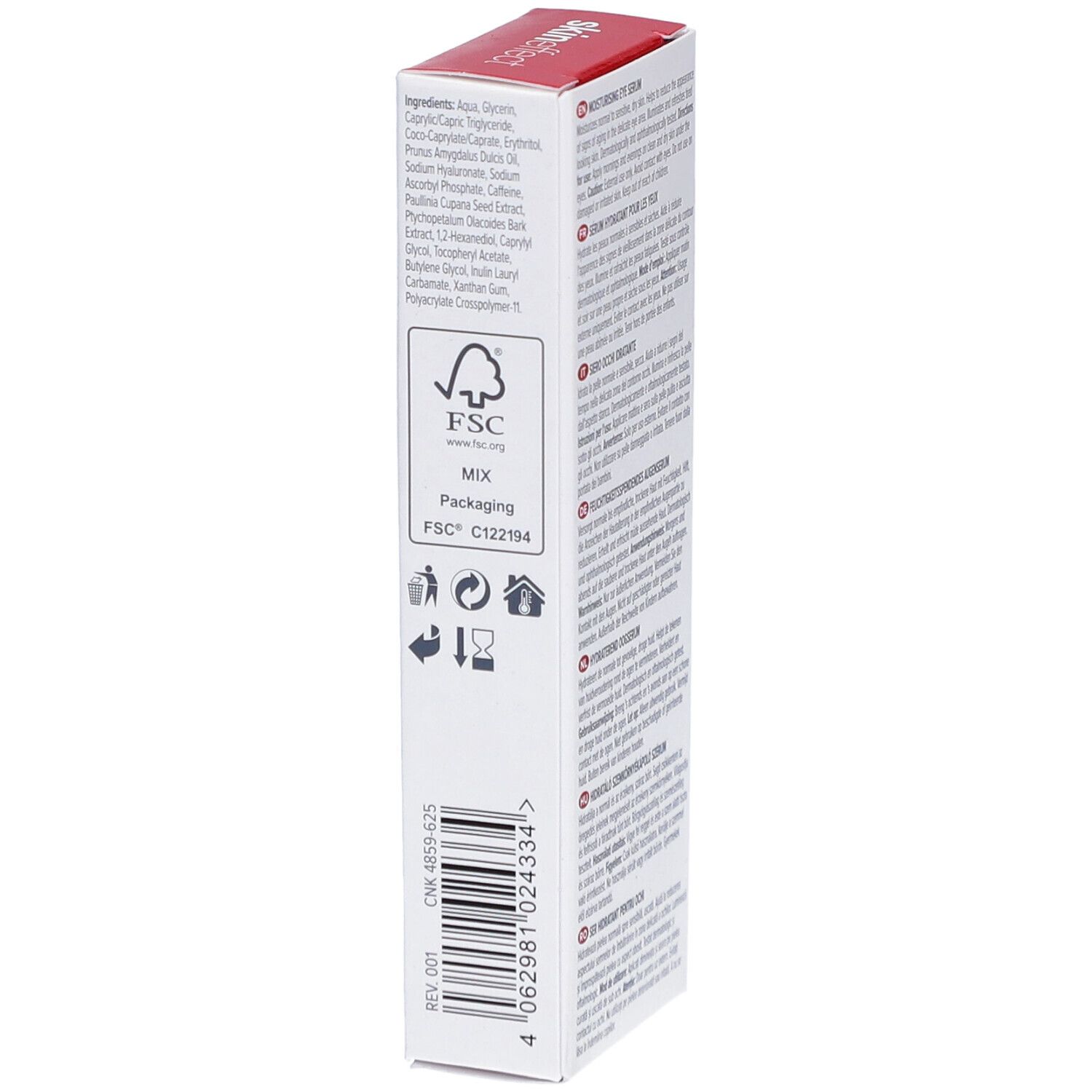 Verpackung mit Text in mehreren Sprachen. Enthält Informationen zu Inhaltsstoffen und Anwendung. FSC-Zertifizierung.