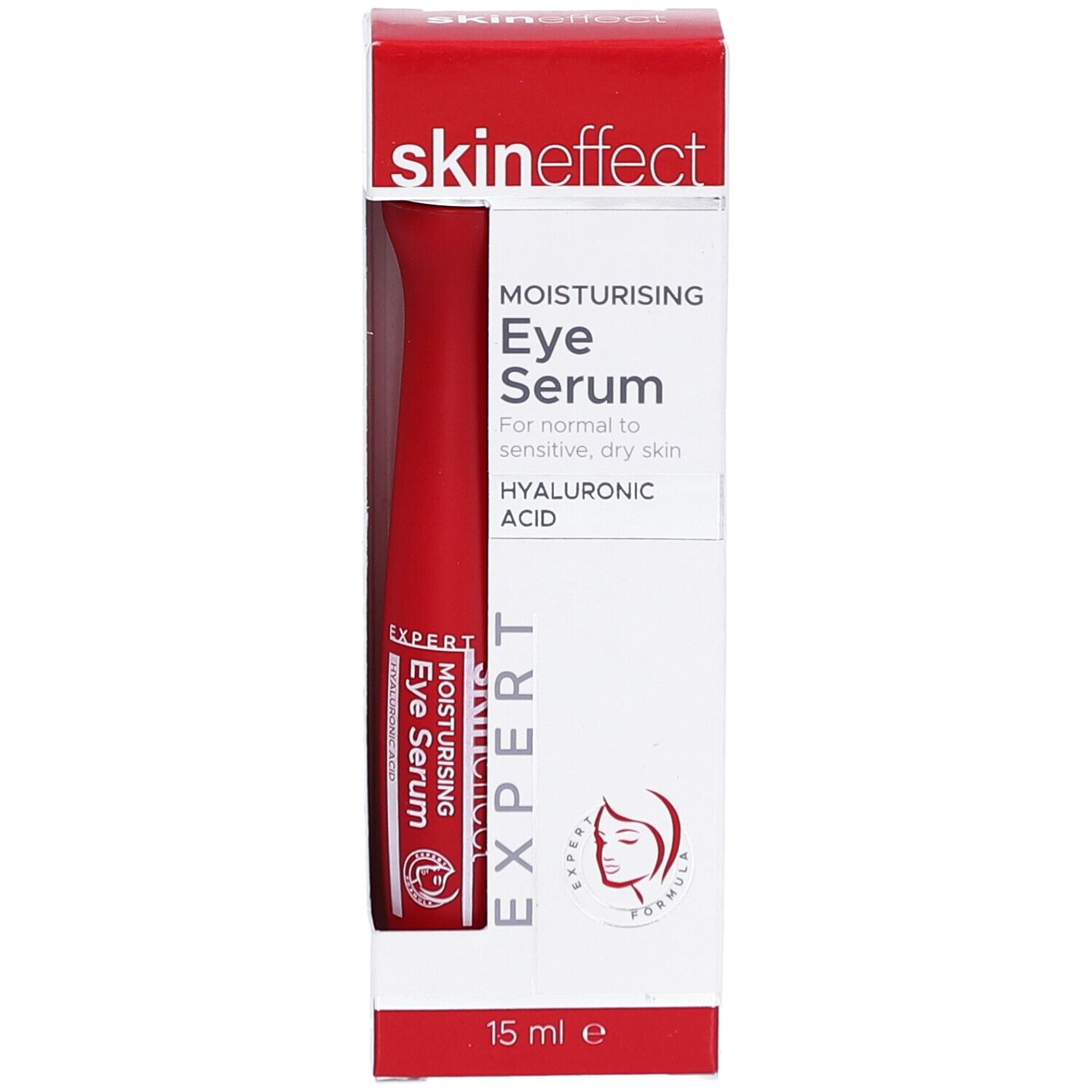 Augenserum in roter Tube und Verpackung. Marke: skineffect. Text: MOISTURISING Eye Serum, HYALURONIC ACID. 15 ml.