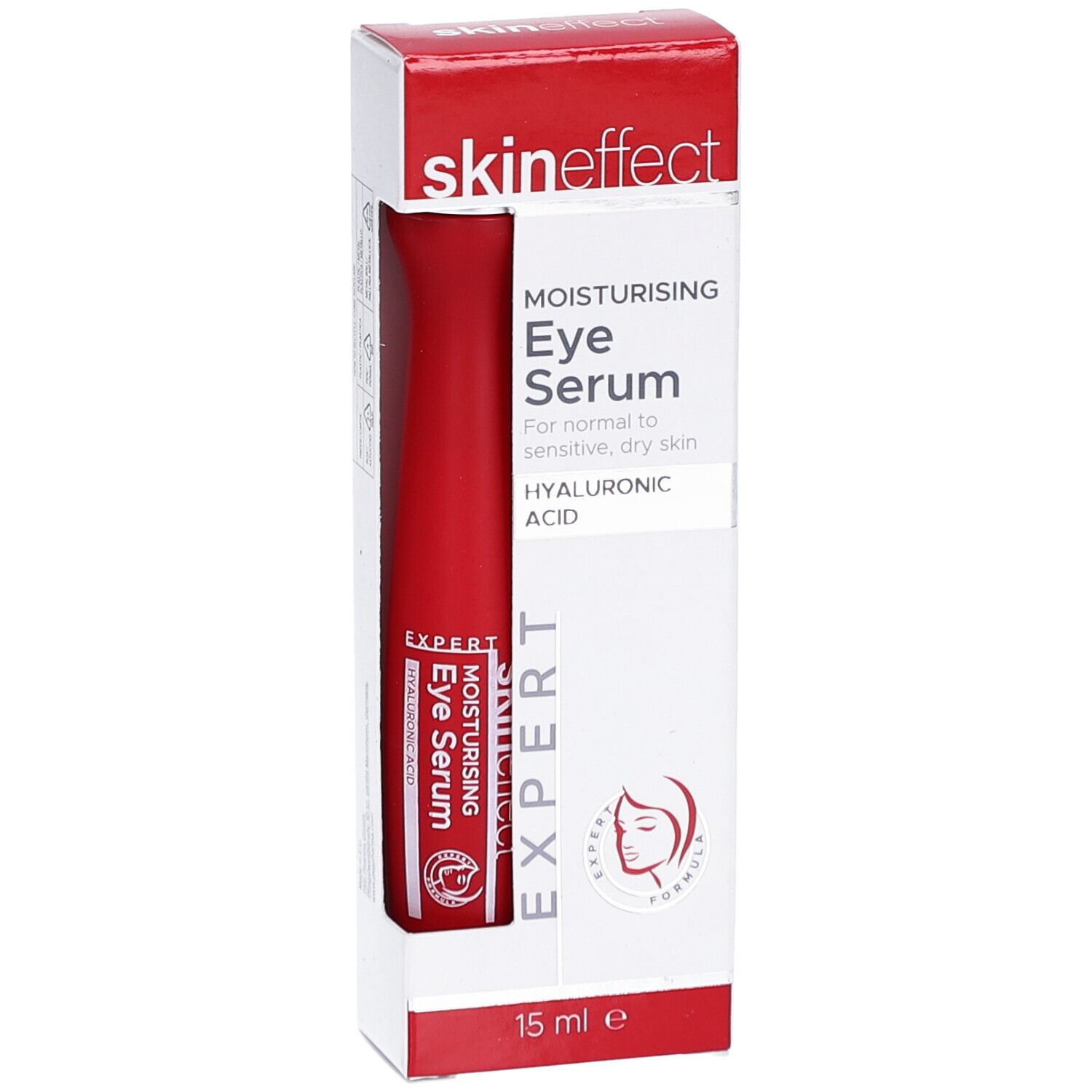 Augenserum in roter Tube und Verpackung. Marke: skineffect. Text: MOISTURISING Eye Serum, HYALURONIC ACID. 15 ml.