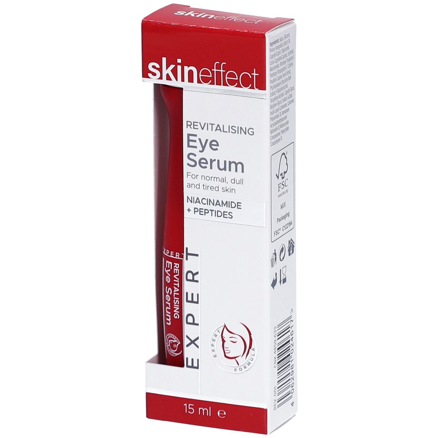 SKINEFFECT Revitalisierendes Augenserum in Verpackung. Rote Tube in weiß-roter Schachtel. Aufdrucke: Name, Produktbezeichnung, Inhaltsstoffe, 15 ml.