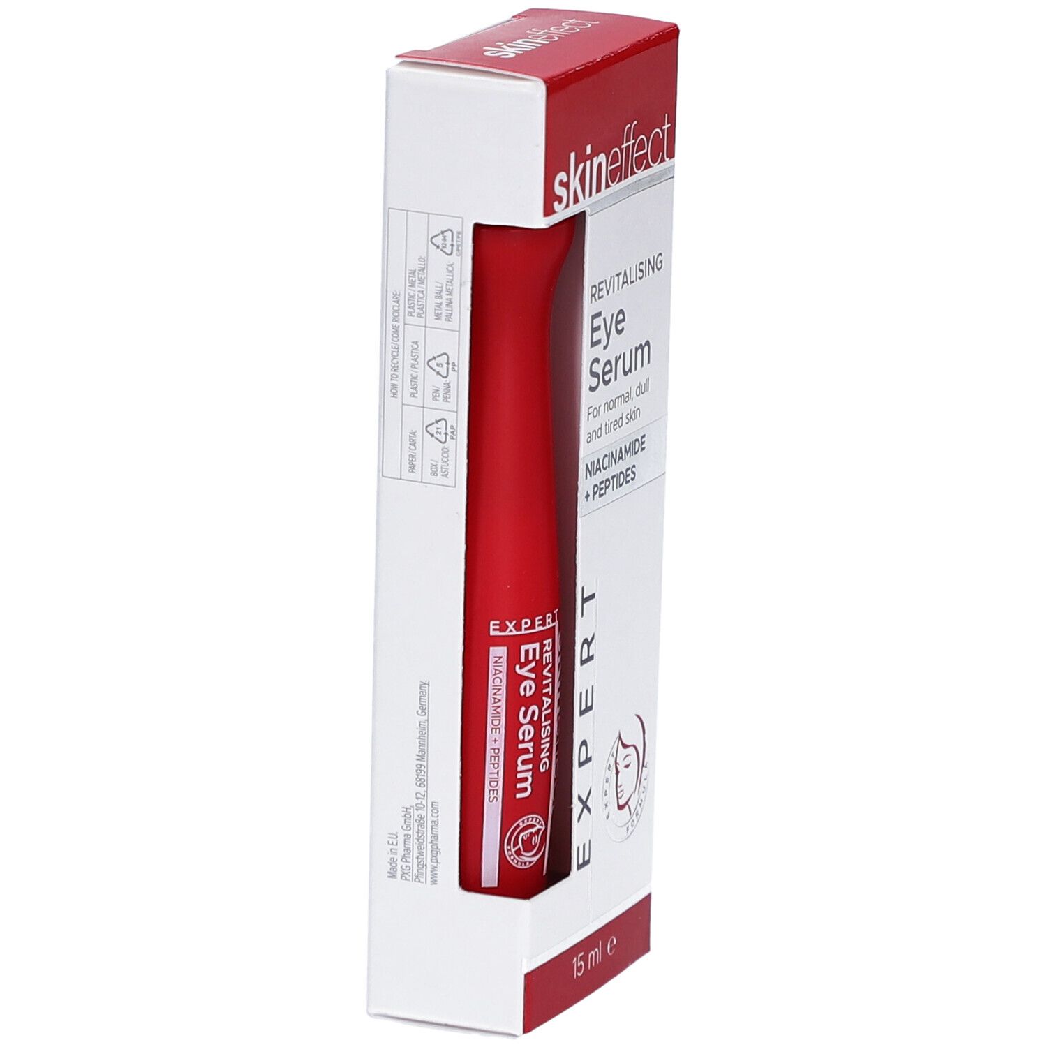 SKINEFFECT Augenserum in Verpackung. Rote Tube in weiß-roter Schachtel. Aufdrucke: Name, Produktbezeichnung, Inhaltsstoffe, 15 ml.