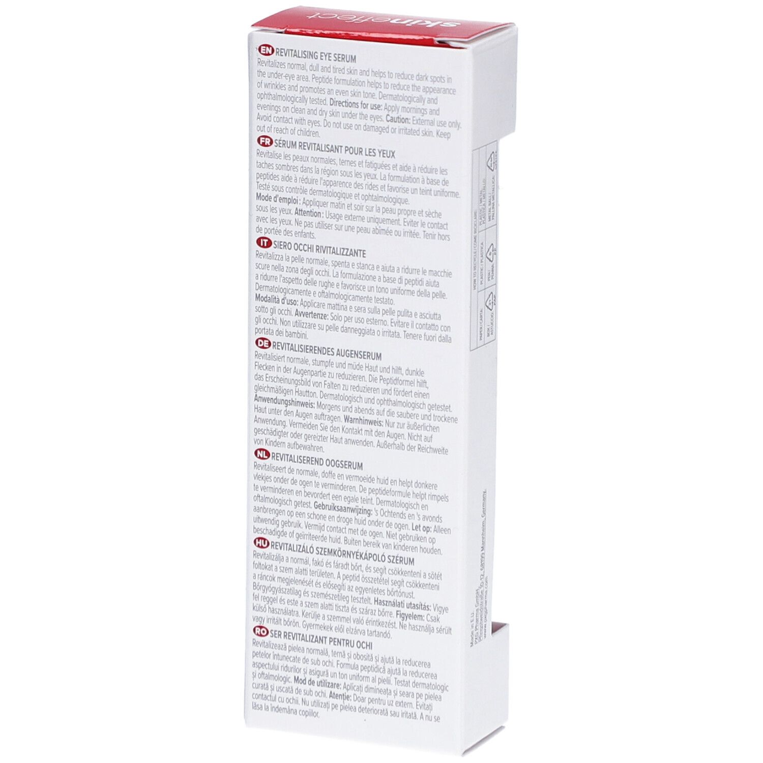 Rückseite der Verpackung des SKINEFFECT Augenserums. Mehrsprachiger Text, FSC-Siegel, Recycling-Symbole.