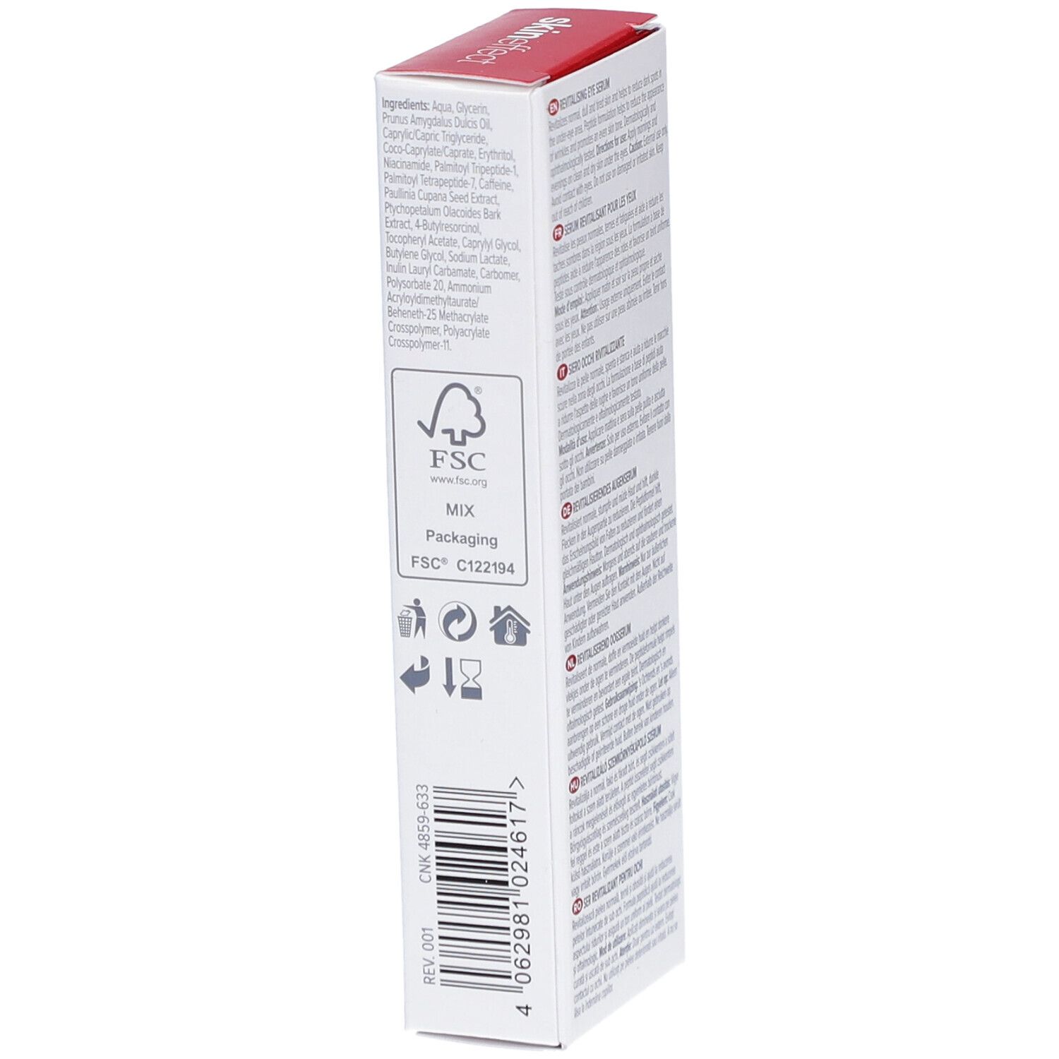Seite der Verpackung des SKINEFFECT Augenserums. Inhaltsstoffe, FSC-Siegel, Recycling-Symbole, Chargennummer.