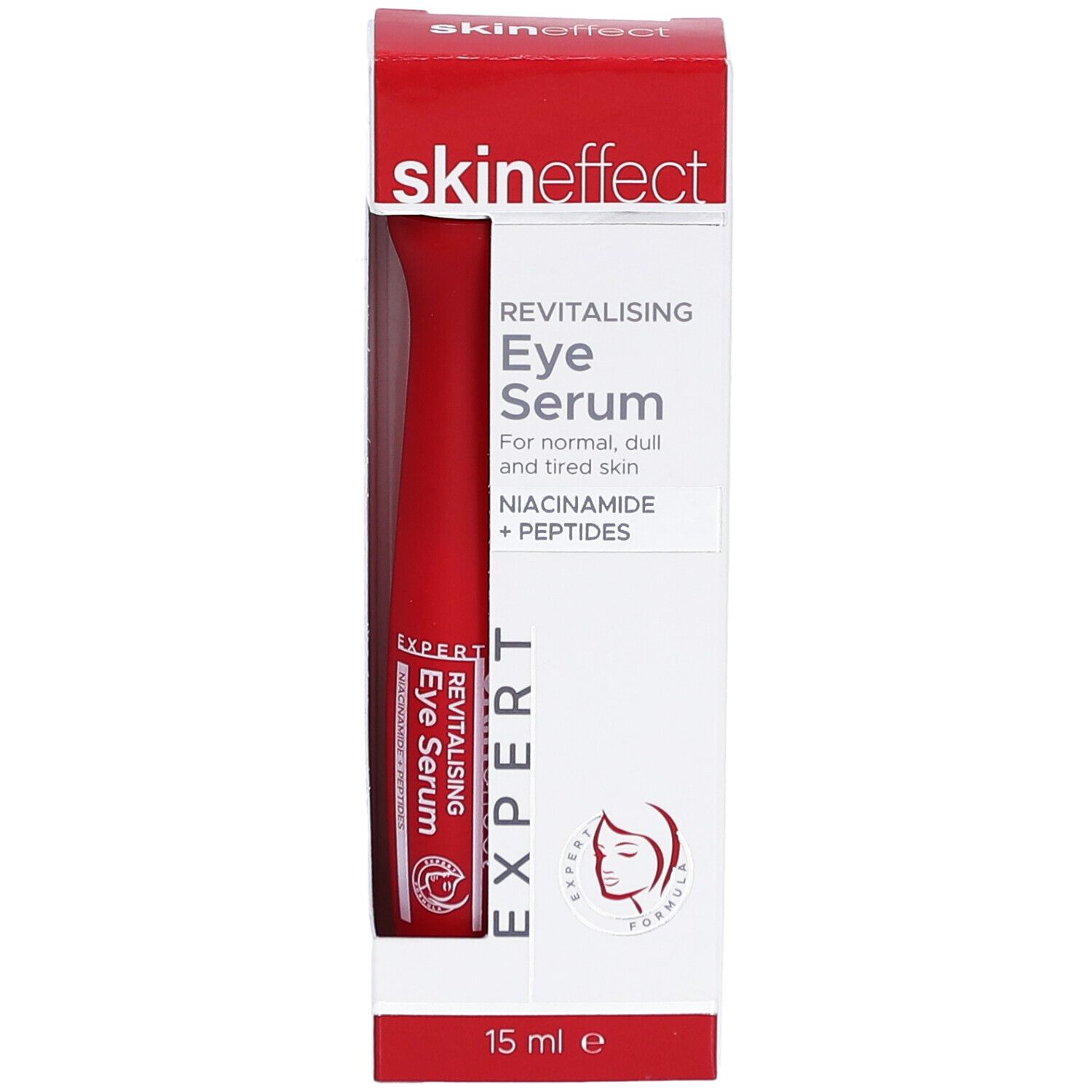 SKINEFFECT Augenserum in Verpackung. Rote Tube in weiß-roter Schachtel. Aufdrucke: Name, Produktbezeichnung, Inhaltsstoffe, 15 ml.