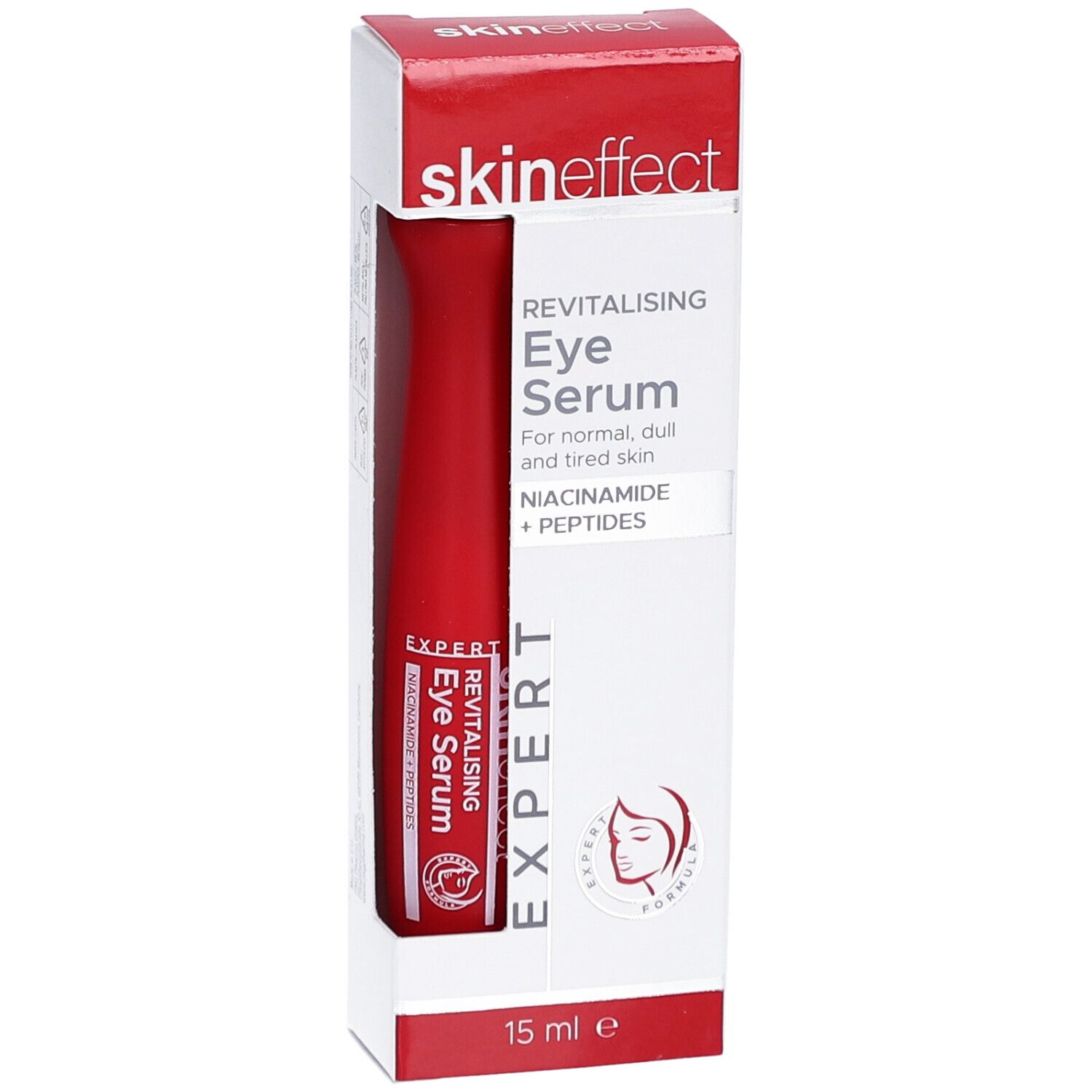 SKINEFFECT Augenserum in Verpackung. Rote Tube in weiß-roter Schachtel. Aufdrucke: Name, Produktbezeichnung, Inhaltsstoffe, 15 ml.
