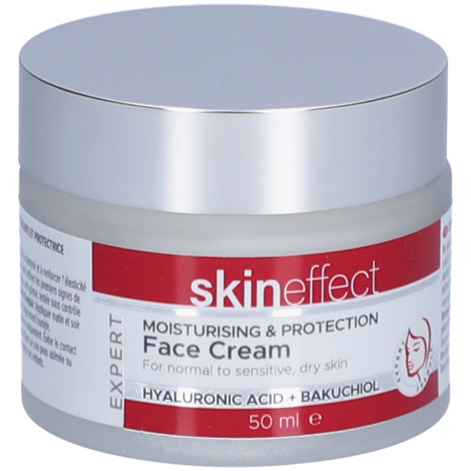 Creme-Tiegel mit silbernem Deckel. Roter Streifen mit Produktinformationen. Schriftzug: skin effect, Face Cream, 50 ml.