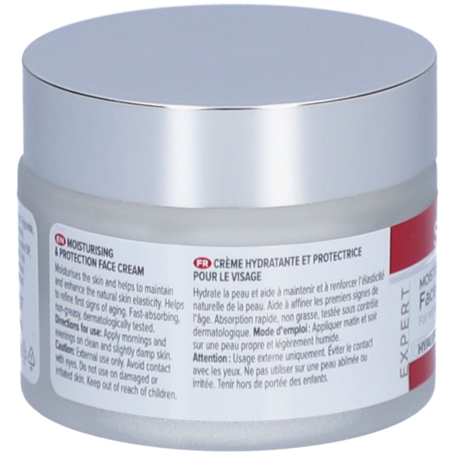 Creme-Tiegel mit silbernem Deckel. Rückseite mit Produktinformationen in Englisch und Französisch.