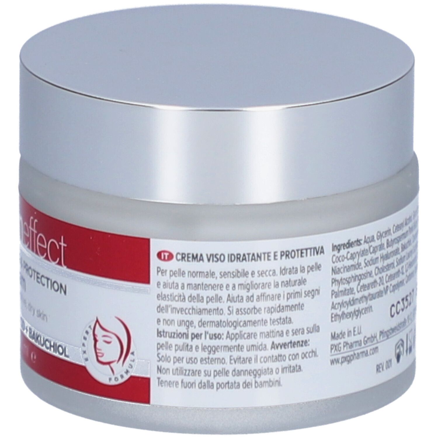 Creme-Tiegel mit silbernem Deckel. Rückseite mit Produktinformationen in Italienisch.