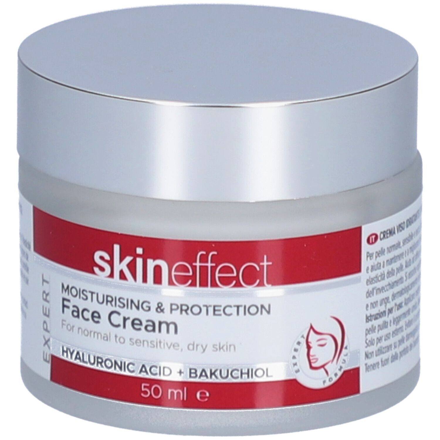Creme-Tiegel mit silbernem Deckel. Roter Streifen mit Produktinformationen. Schriftzug: skin effect, Face Cream, 50 ml.