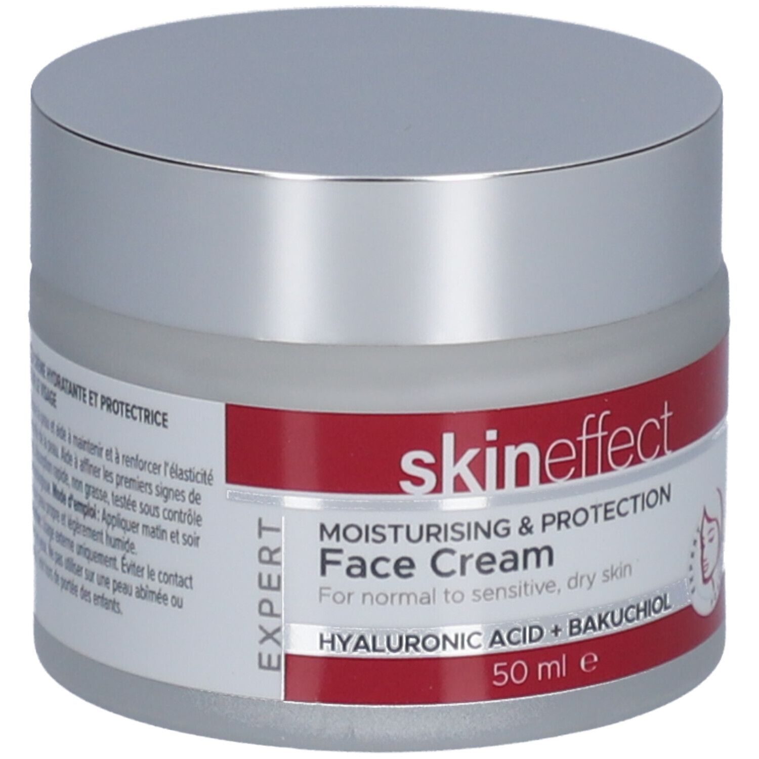 Creme-Tiegel mit silbernem Deckel. Roter Streifen mit Produktinformationen. Schriftzug: skin effect, Face Cream, 50 ml.