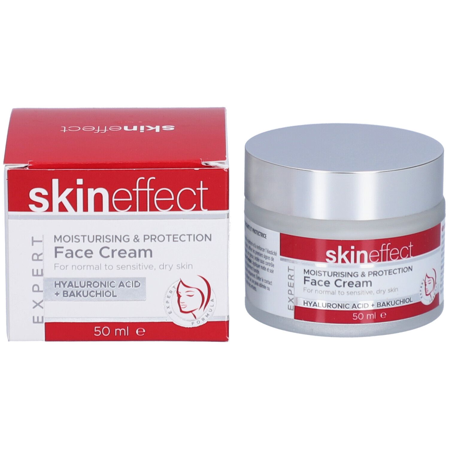 Creme-Tiegel und Schachtel. Schachtel rot mit Produktinformationen. Schriftzug: skin effect, Face Cream, 50 ml.