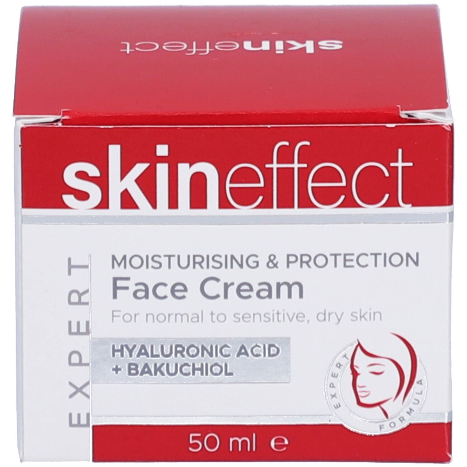 Rote Schachtel mit Produktinformationen. Schriftzug: skin effect, Face Cream, 50 ml.
