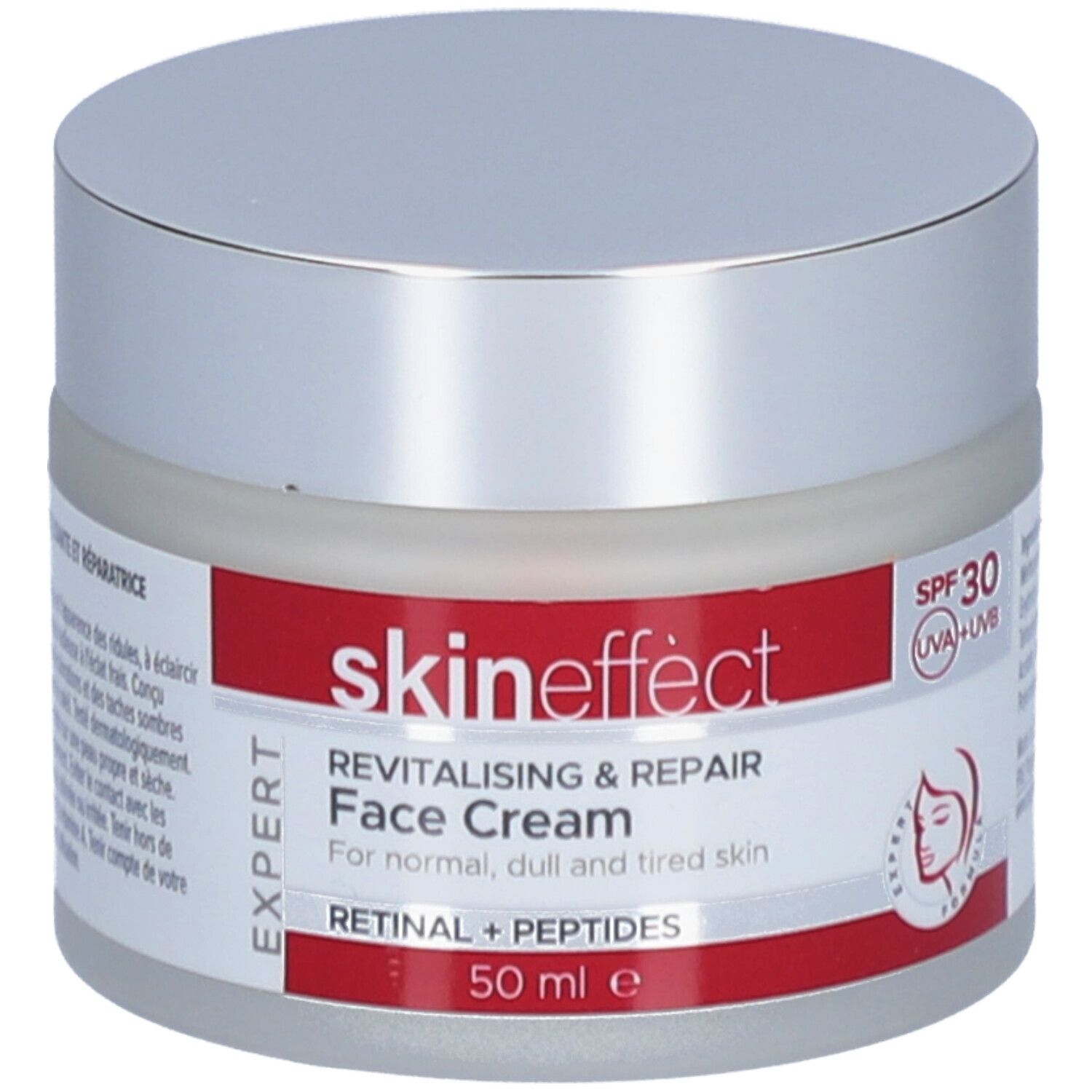 Creme-Tiegel mit silbernem Deckel und rotem Band. Aufschrift: skineffect, Revitalisierende & Reparierende Gesichtscreme, SPF 30.