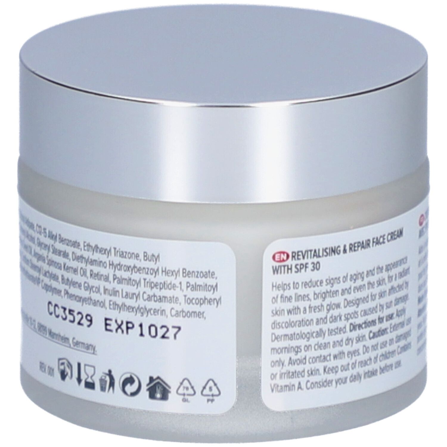 Rückseite des Creme-Tiegels mit Inhaltsstoffen und Text. Aufschrift: Revitalisierende & Reparierende Gesichtscreme mit SPF 30.