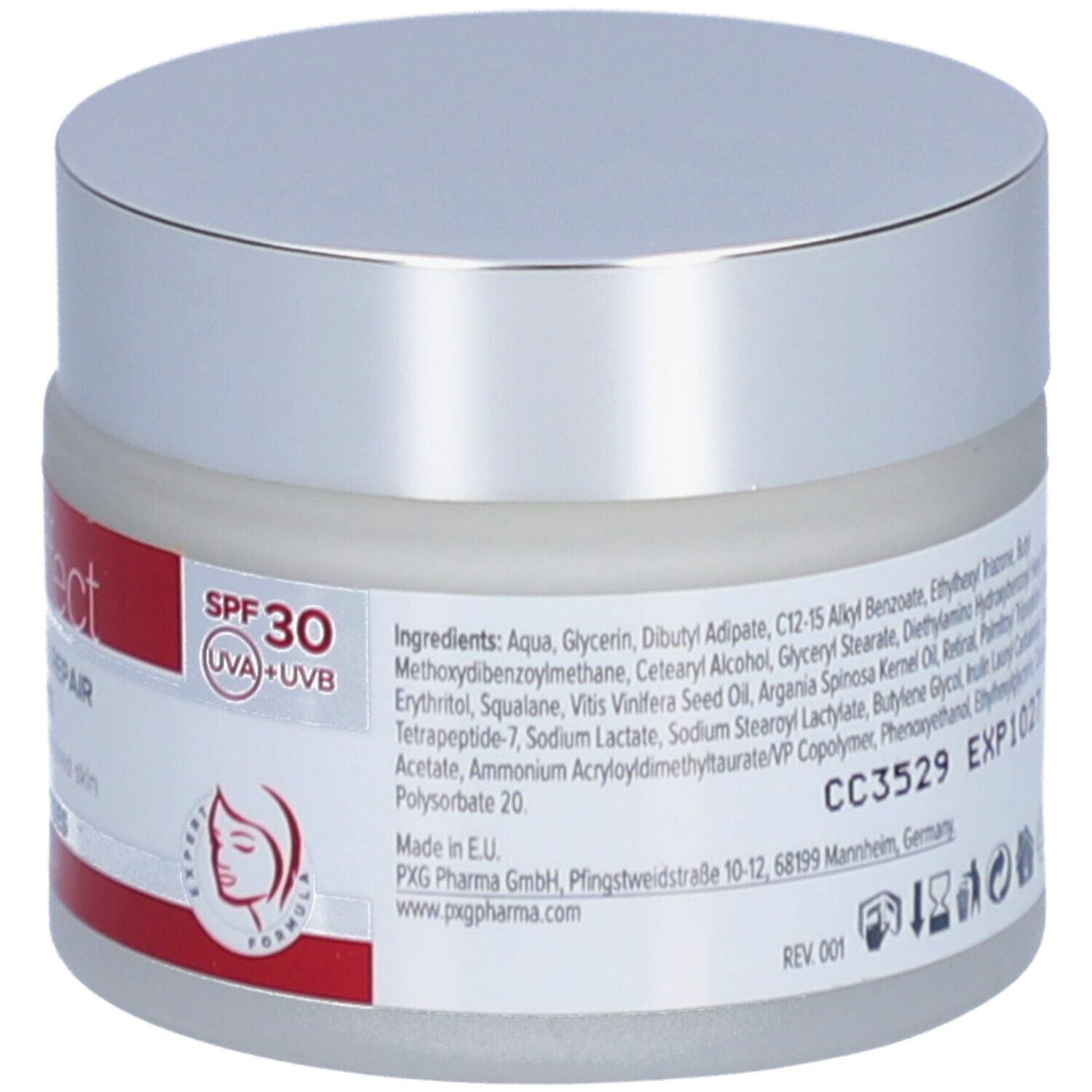 Creme-Tiegel mit Inhaltsstoffen und Text. Aufschrift: Revitalisierende & Reparierende Gesichtscreme mit SPF 30. Logo.