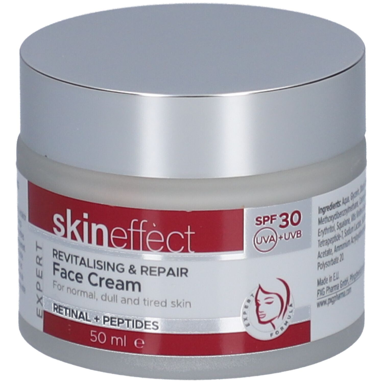 Creme-Tiegel mit silbernem Deckel und rotem Band. Aufschrift: skineffect, Revitalisierende & Reparierende Gesichtscreme, SPF 30.
