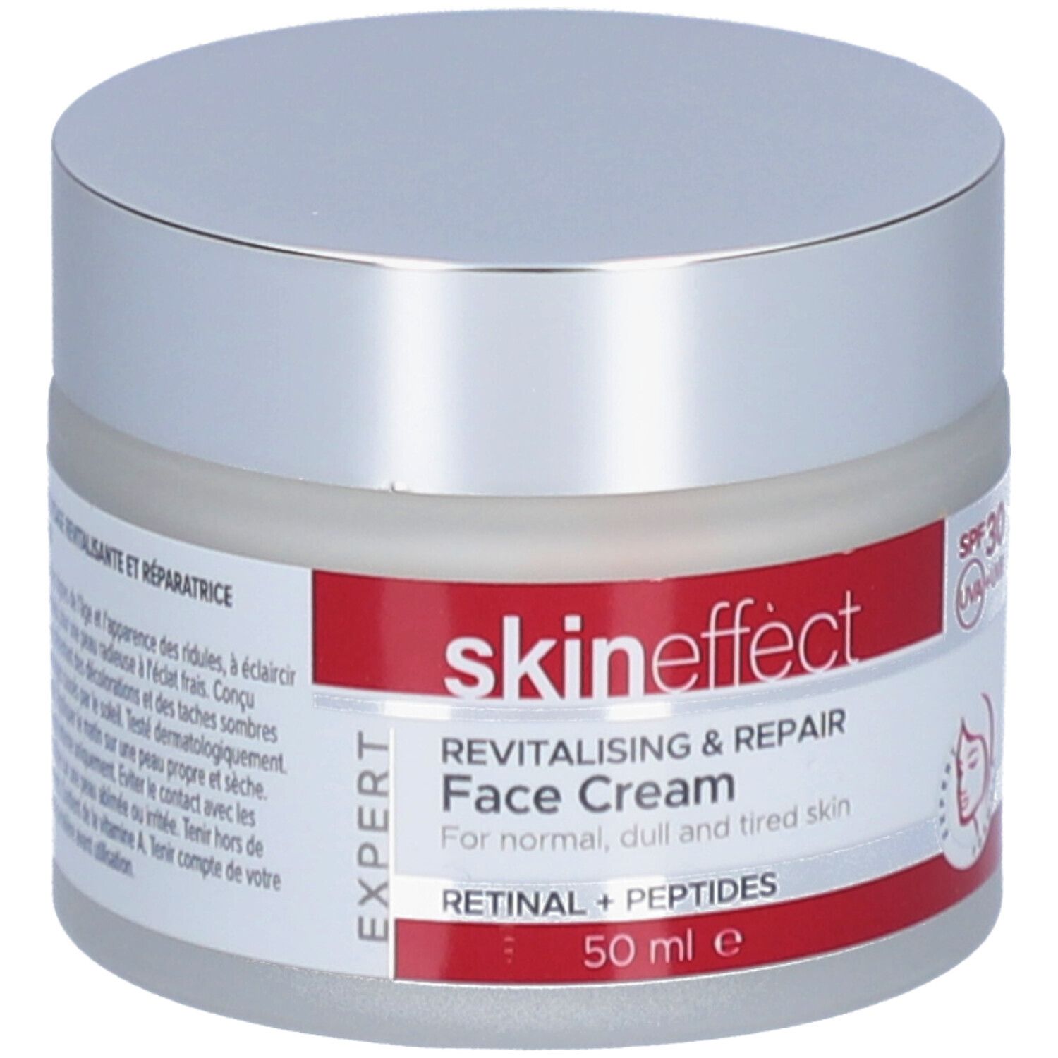 Creme-Tiegel mit silbernem Deckel und rotem Band. Aufschrift: skineffect, Revitalisierende & Reparierende Gesichtscreme, SPF 30.