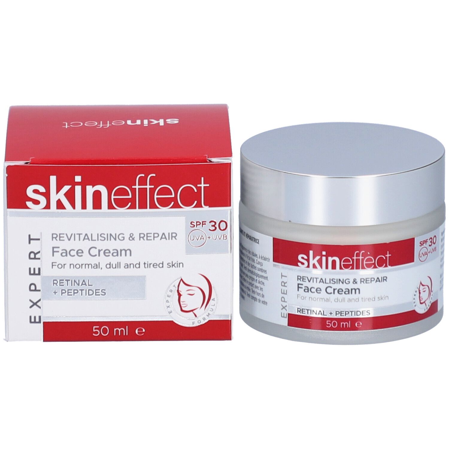 Creme-Tiegel und Schachtel. Aufschrift: skineffect, Revitalisierende & Reparierende Gesichtscreme, SPF 30. Logo.
