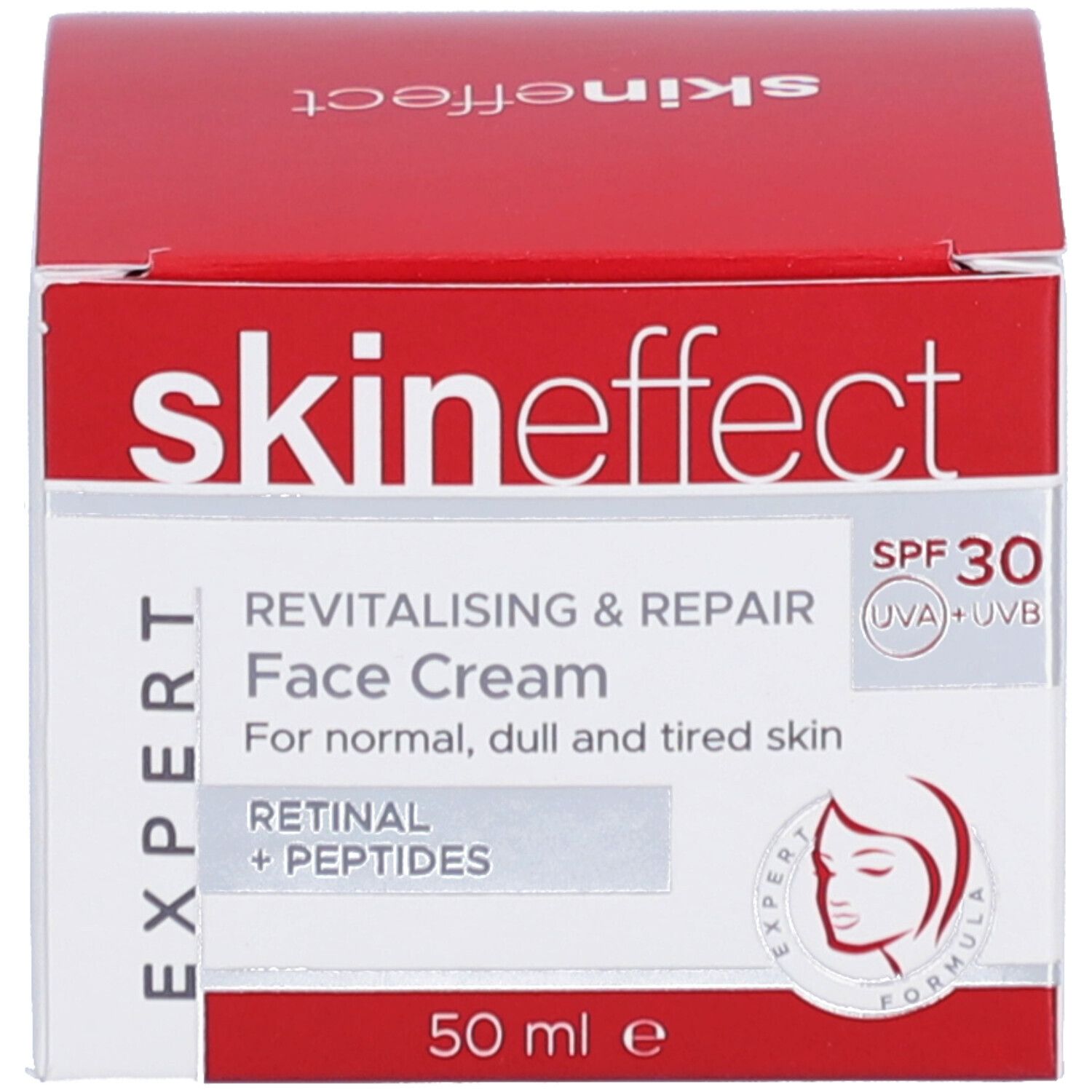 Rote Schachtel mit Aufschrift: skineffect, Revitalisierende & Reparierende Gesichtscreme, SPF 30. Logo.