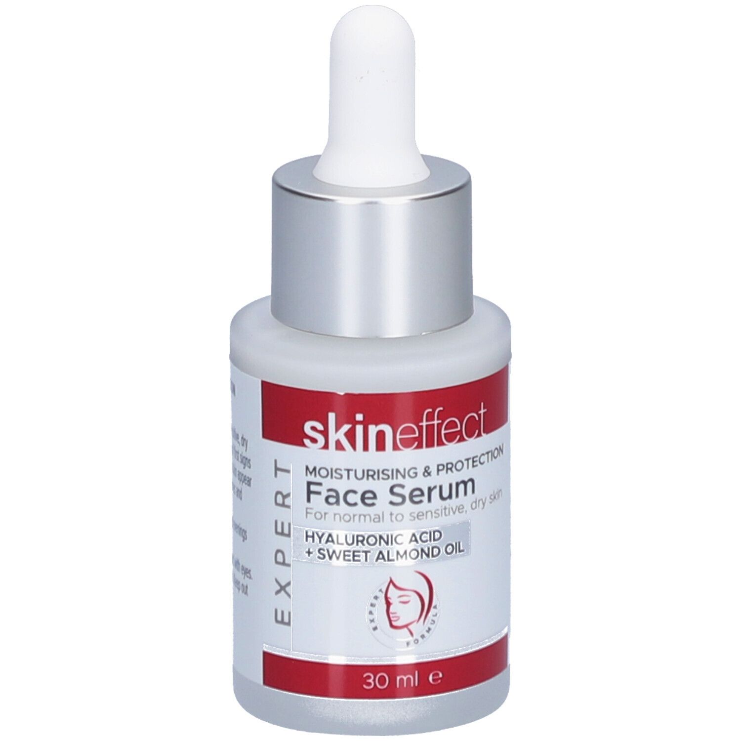 Gesichtsserum-Flasche mit Pipette. Weißes Glas, silberner Deckel, rotes Etikett mit Text: skin effect, Face Serum.
