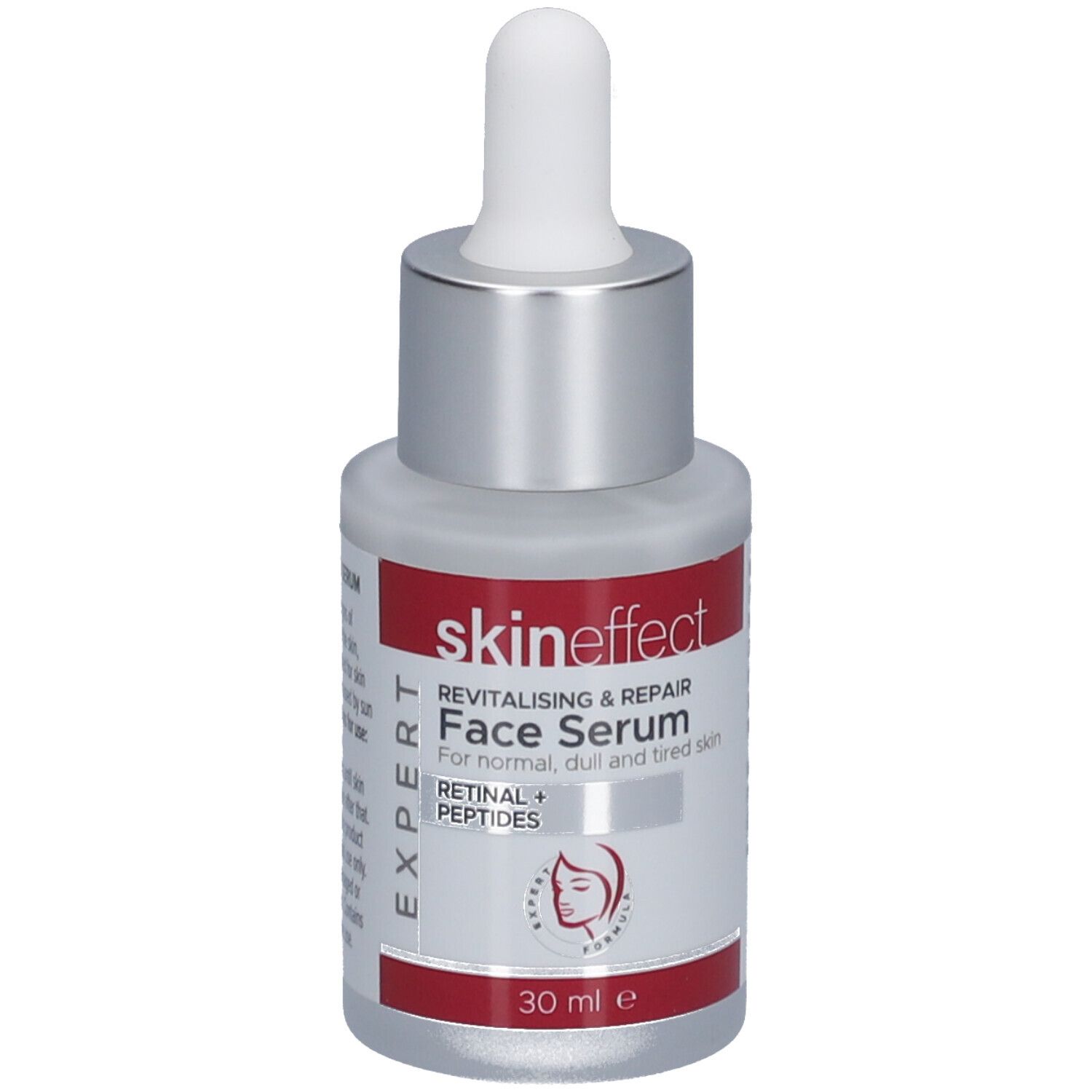 Gesichtsserum-Flasche mit Pipette. Weiß-silberne Flasche mit rotem Etikett. Text: skin effect, Face Serum, Retinal + Peptides.