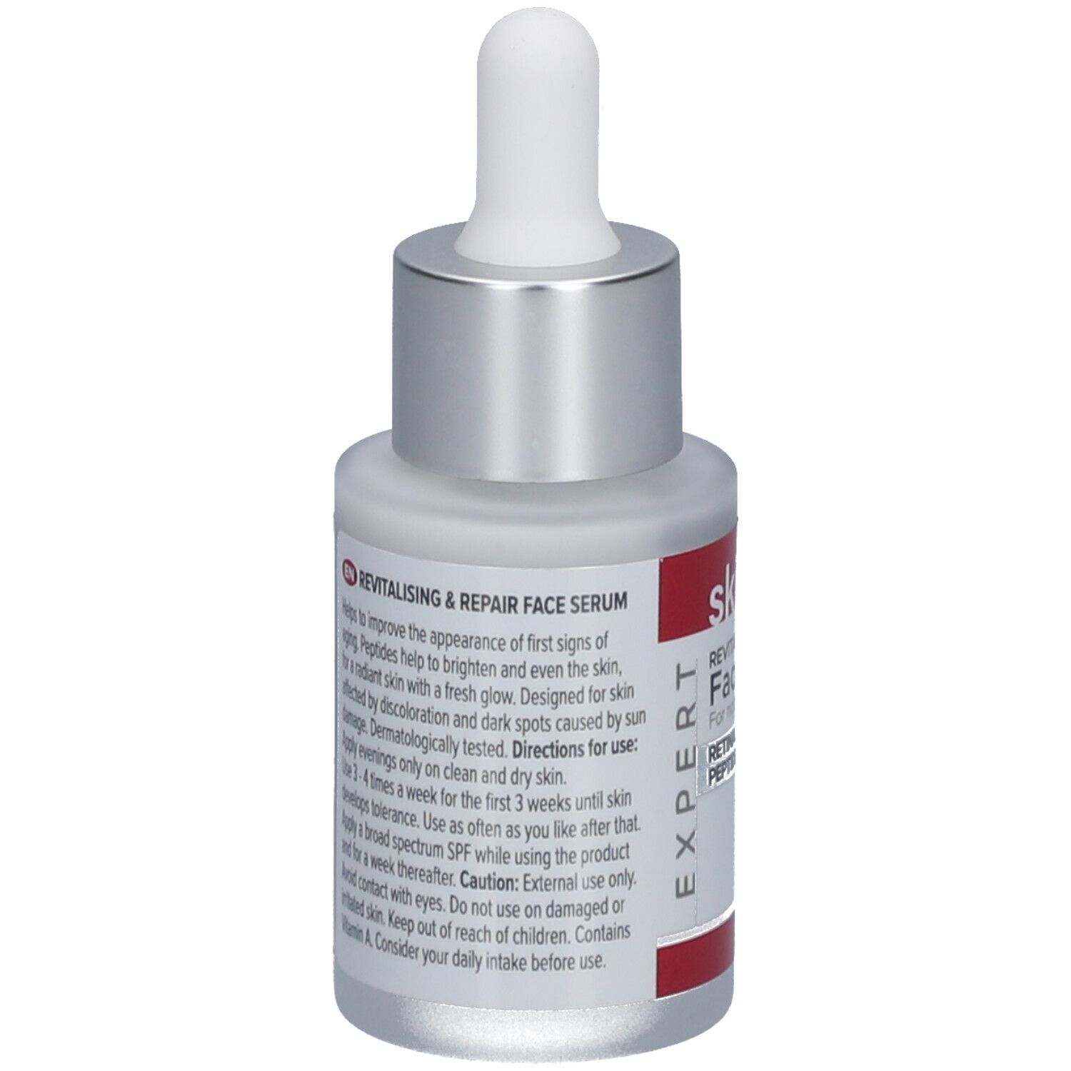 Gesichtsserum-Flasche mit Pipette. Weiß-silberne Flasche mit rotem Etikett. Text: skin effect, Face Serum, Retinal + Peptides. Rückseite.