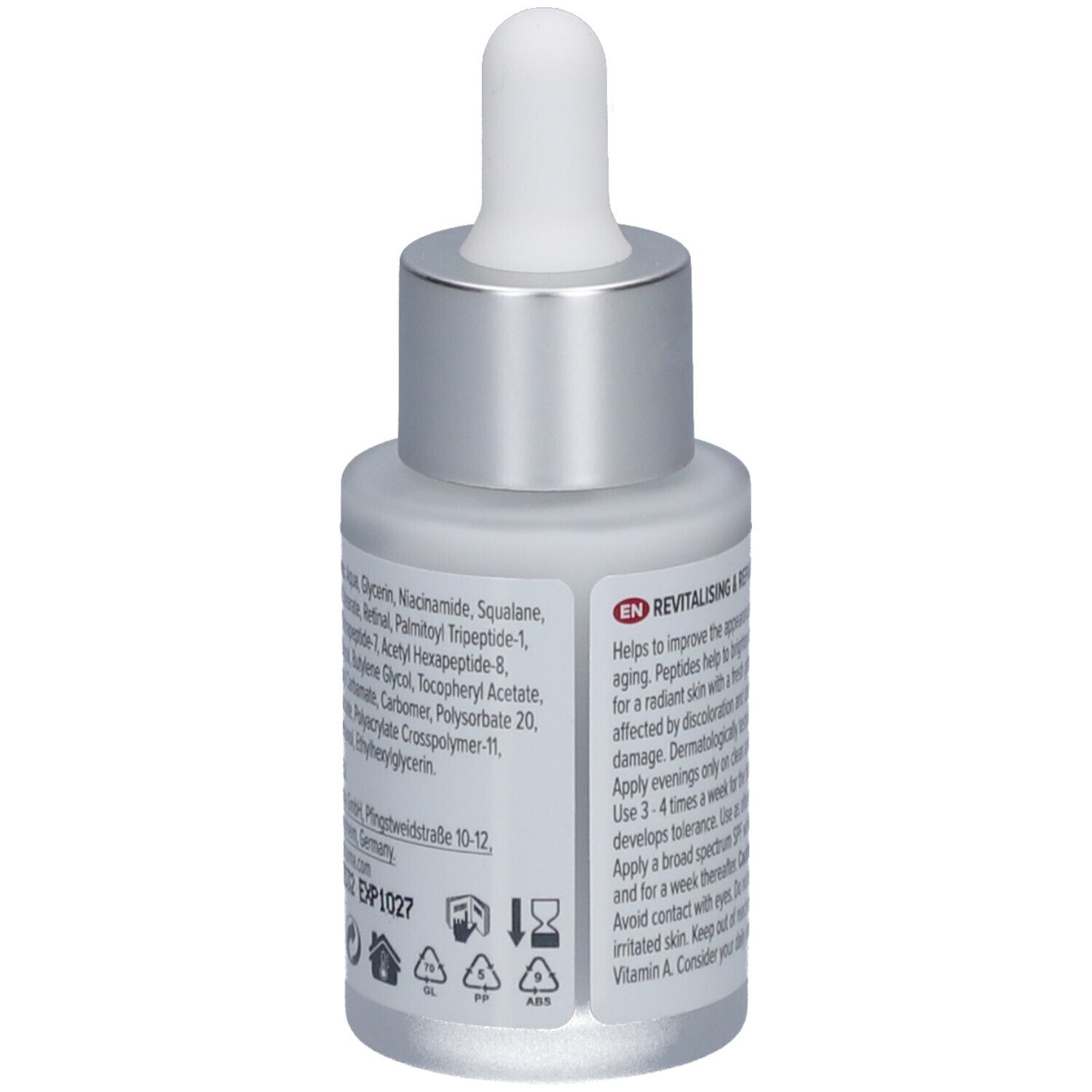Gesichtsserum-Flasche mit Pipette. Weiß-silberne Flasche mit rotem Etikett. Text: skin effect, Face Serum, Retinal + Peptides. Rückseite.