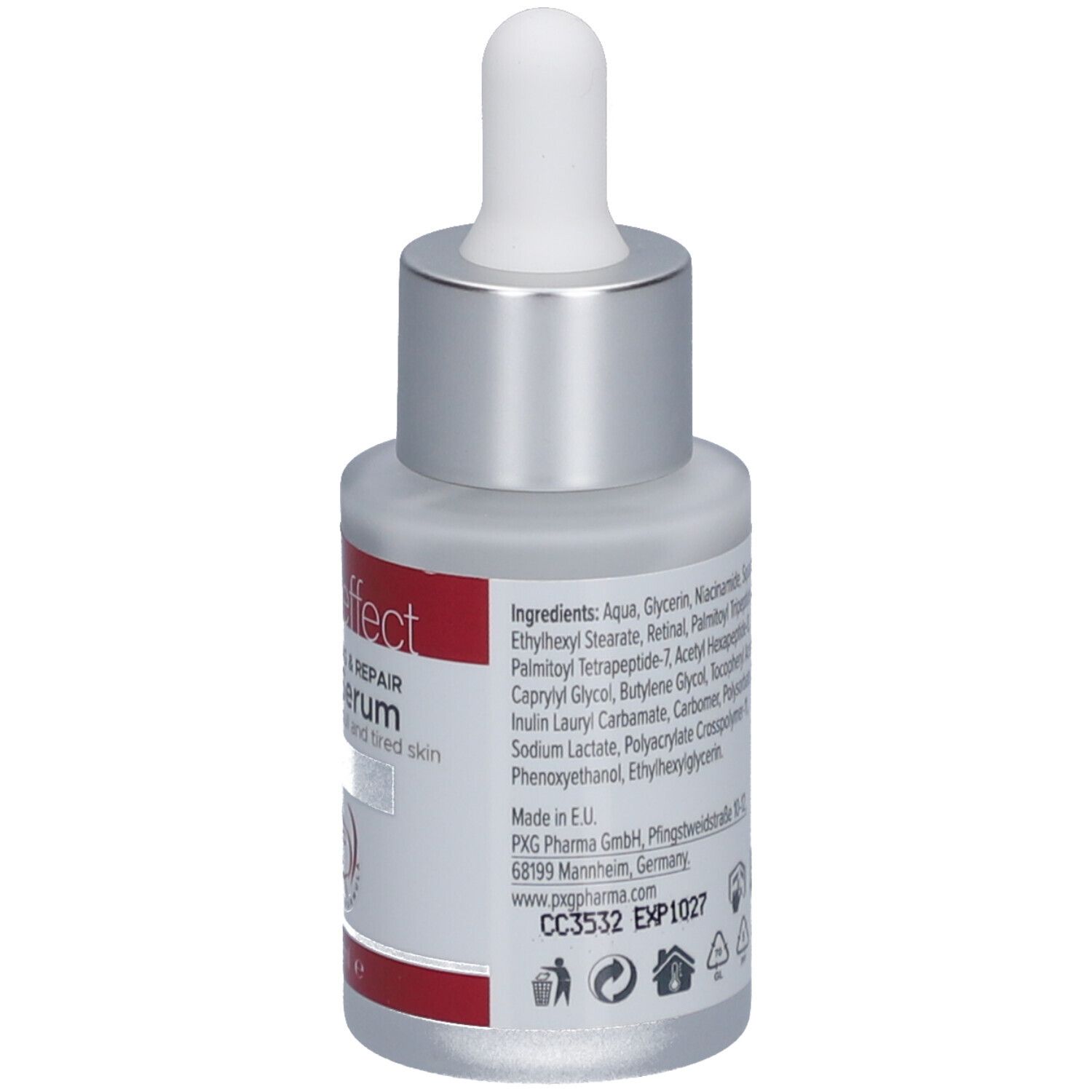 Gesichtsserum-Flasche mit Pipette. Weiß-silberne Flasche mit rotem Etikett. Text: skin effect, Face Serum, Retinal + Peptides. Rückseite.
