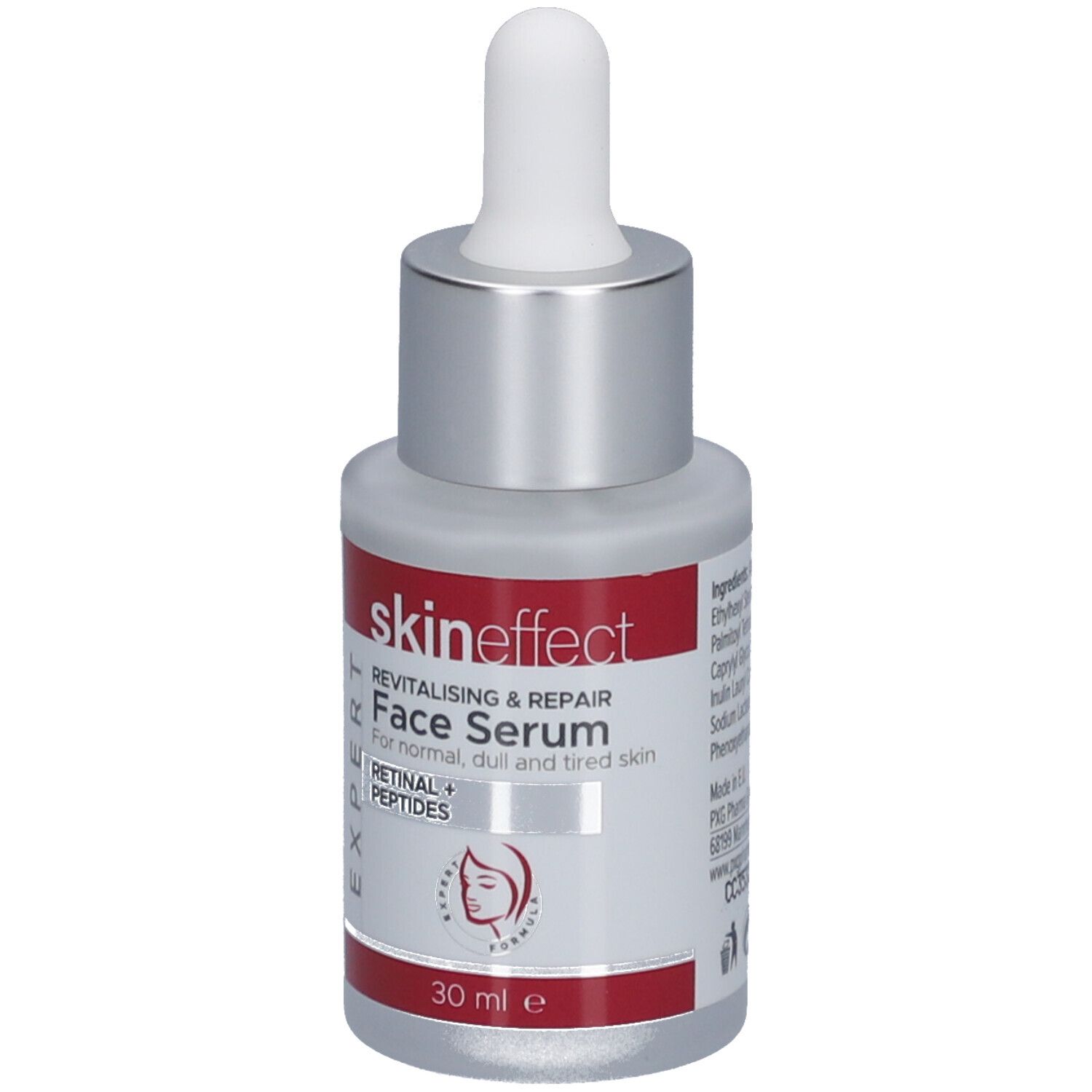 Gesichtsserum-Flasche mit Pipette. Weiß-silberne Flasche mit rotem Etikett. Text: skin effect, Face Serum, Retinal + Peptides.