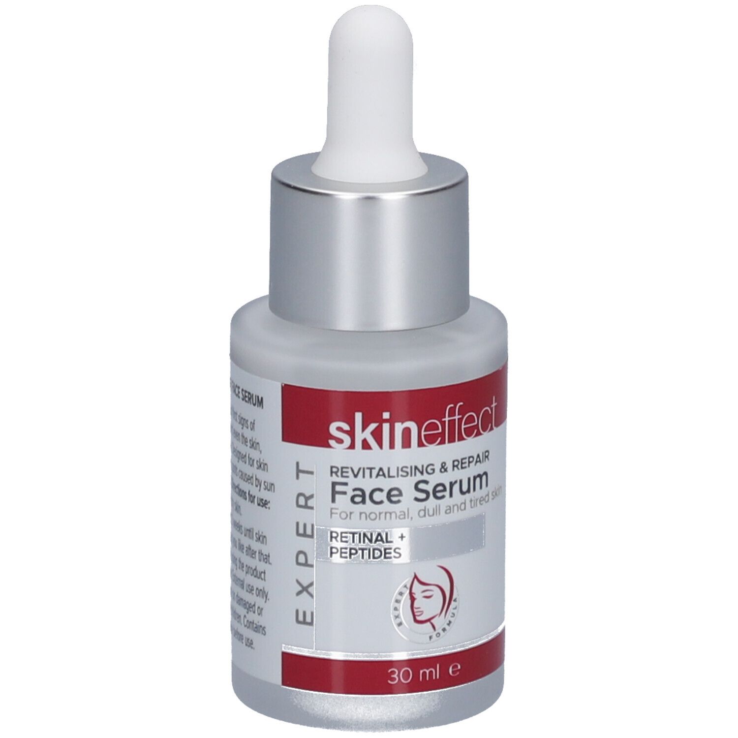 Gesichtsserum-Flasche mit Pipette. Weiß-silberne Flasche mit rotem Etikett. Text: skin effect, Face Serum, Retinal + Peptides.
